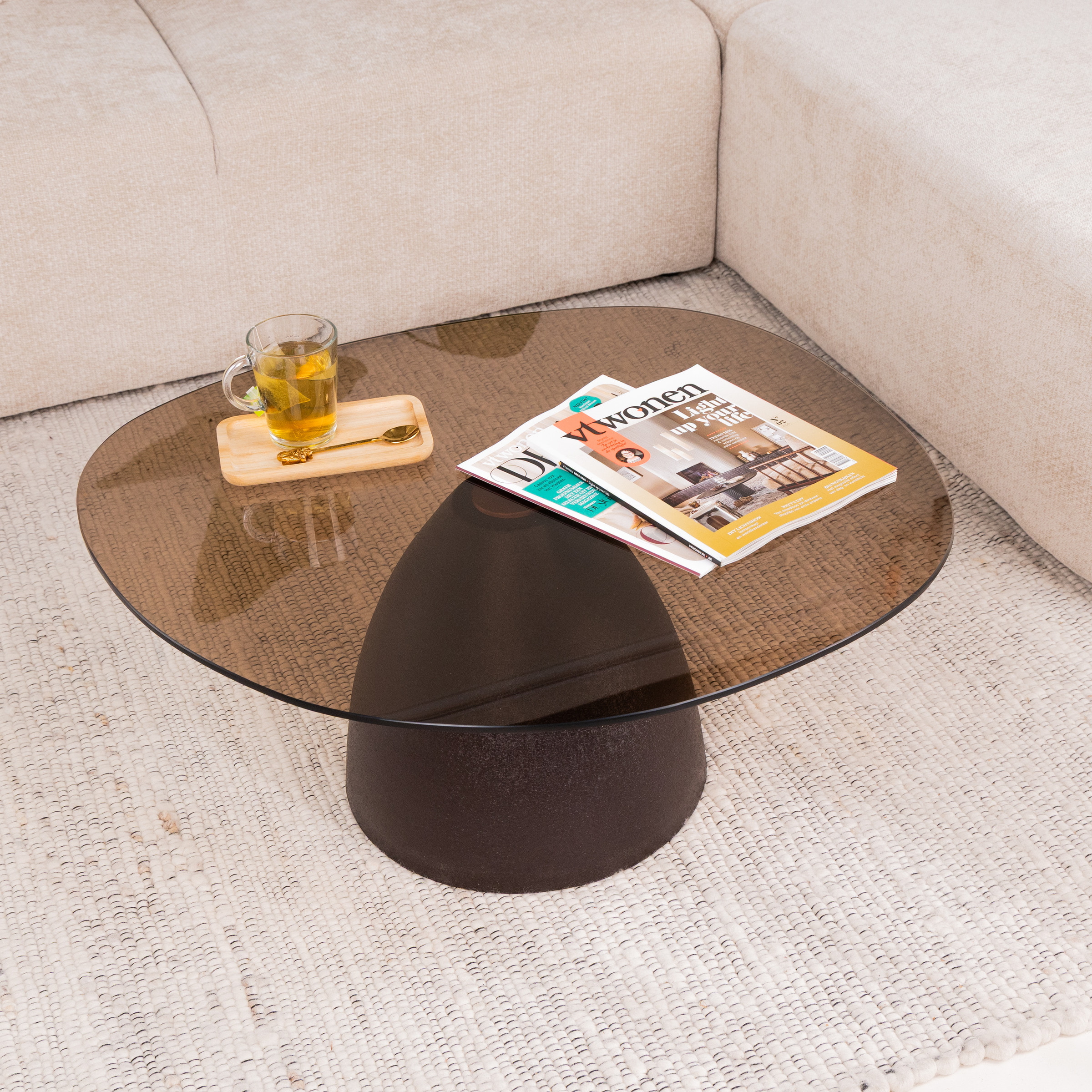 Sohome Organische Salontafel 'Jacky' Glas en gecoat staal, 86 x 76cm, kleur Bruin
