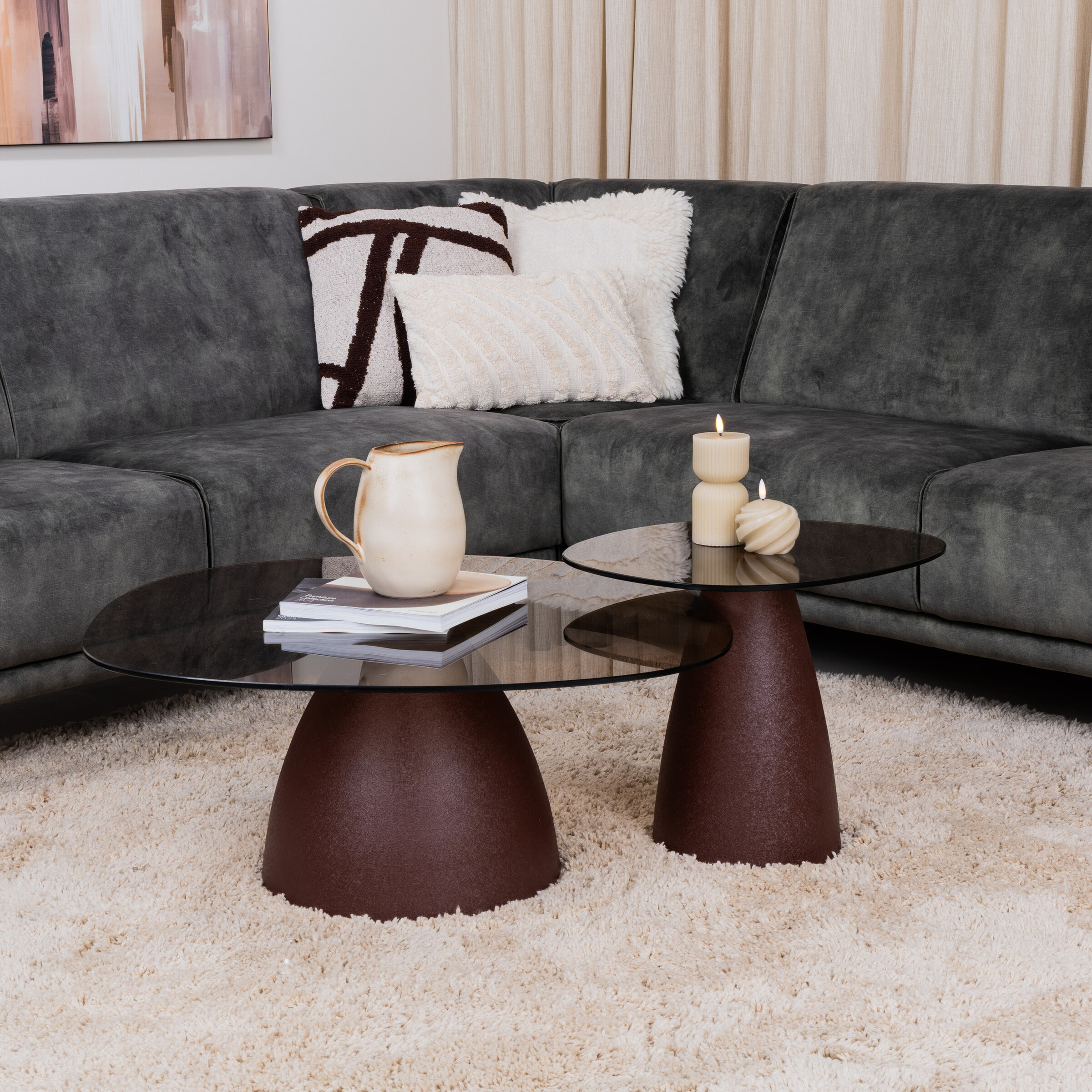 Sohome Organische Salontafel 'Jacky' Glas en gecoat staal, Set van 2 stuks, kleur Burgundy