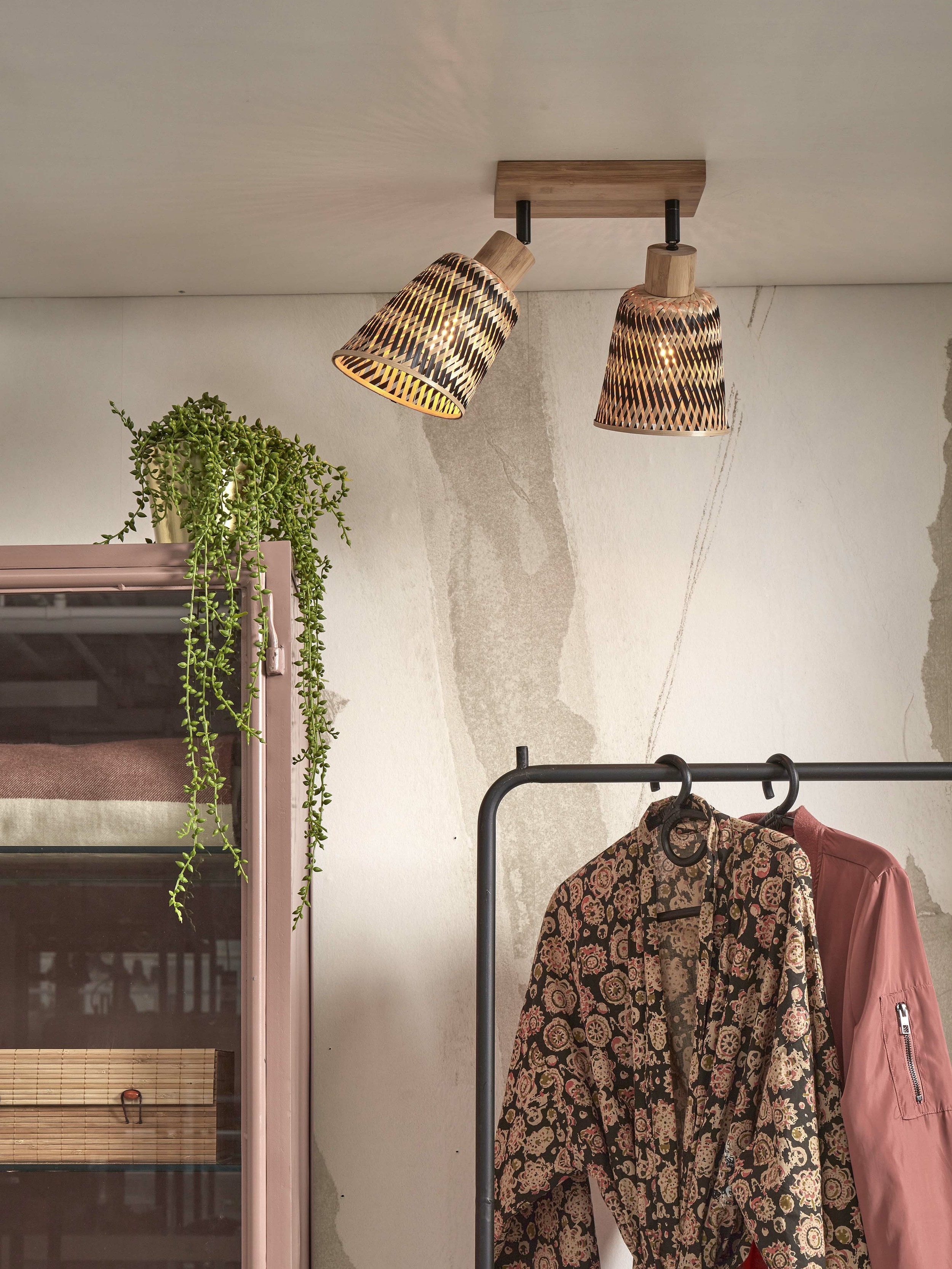 GOOD&MOJO Plafondlamp 'Java' 2-lamps, Bamboe, kleur Naturel/Zwart