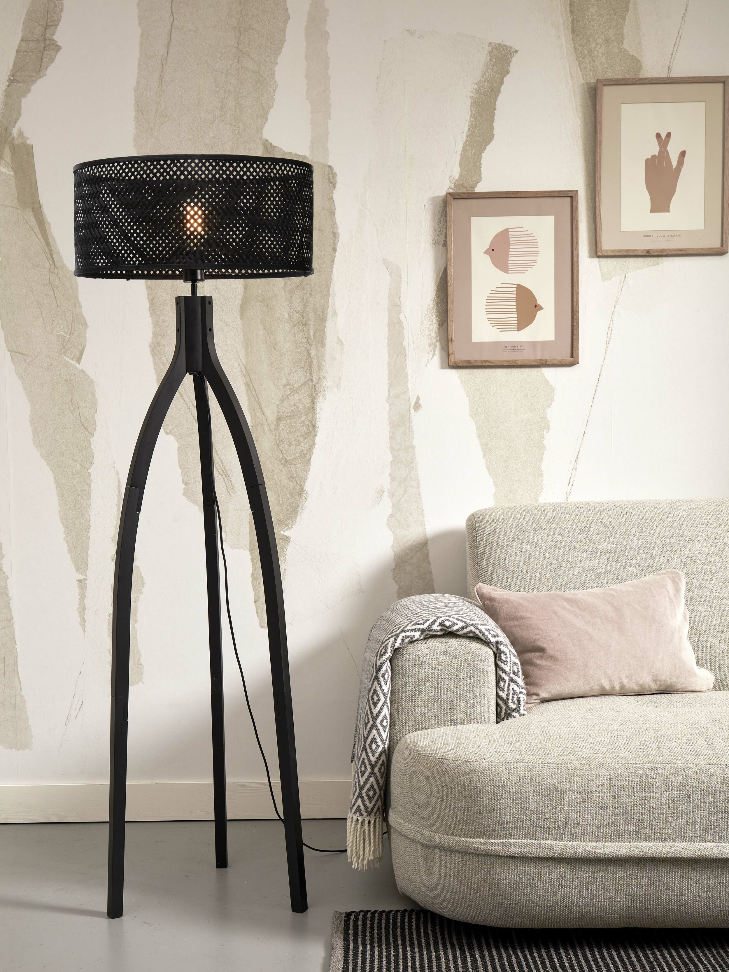 GOOD&MOJO Vloerlamp 'Java' 3-poot, Bamboe, kleur Zwart