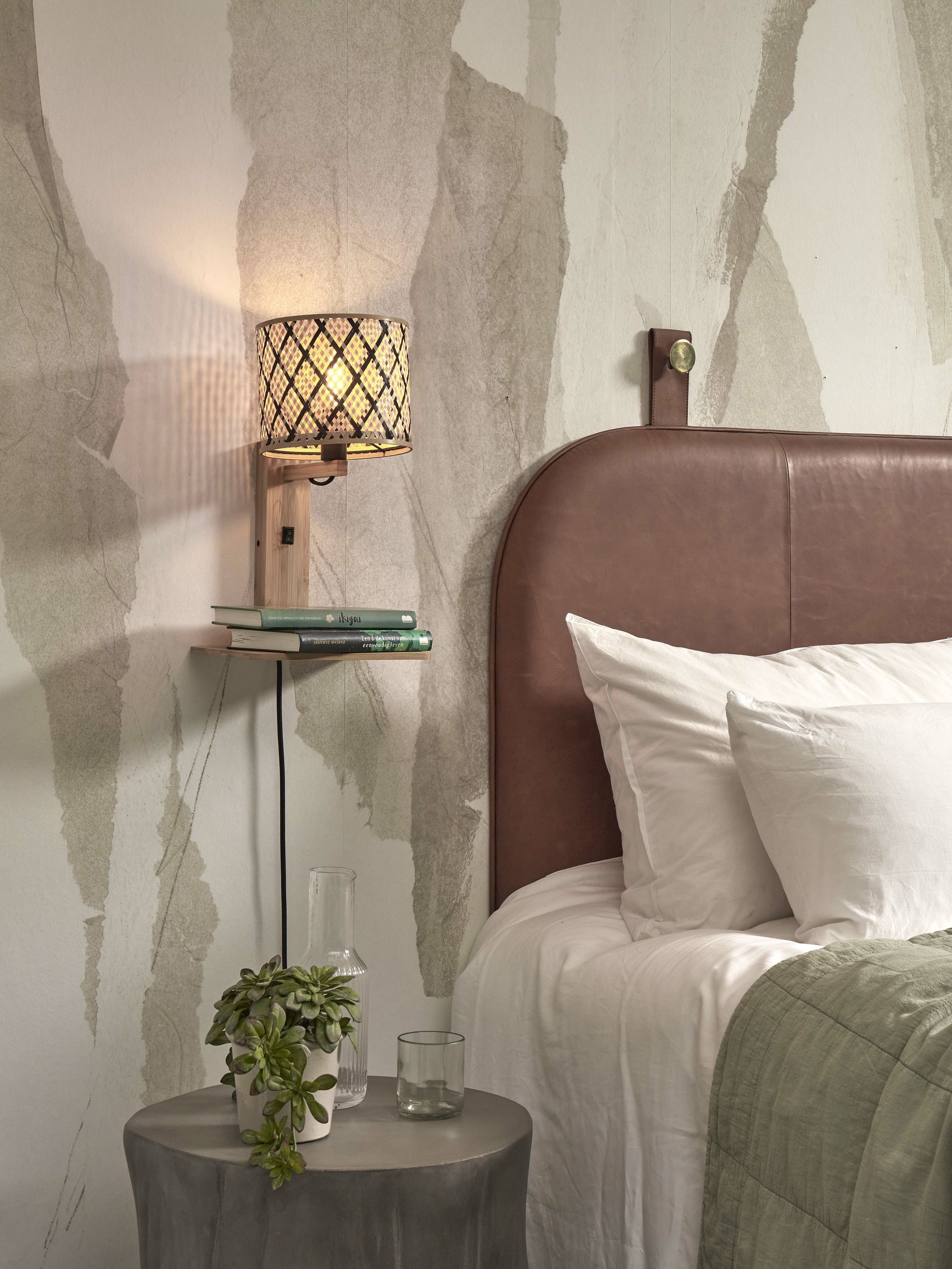 GOOD&MOJO Wandlamp 'Java' Met plankje, Bamboe, kleur Naturel/Zwart