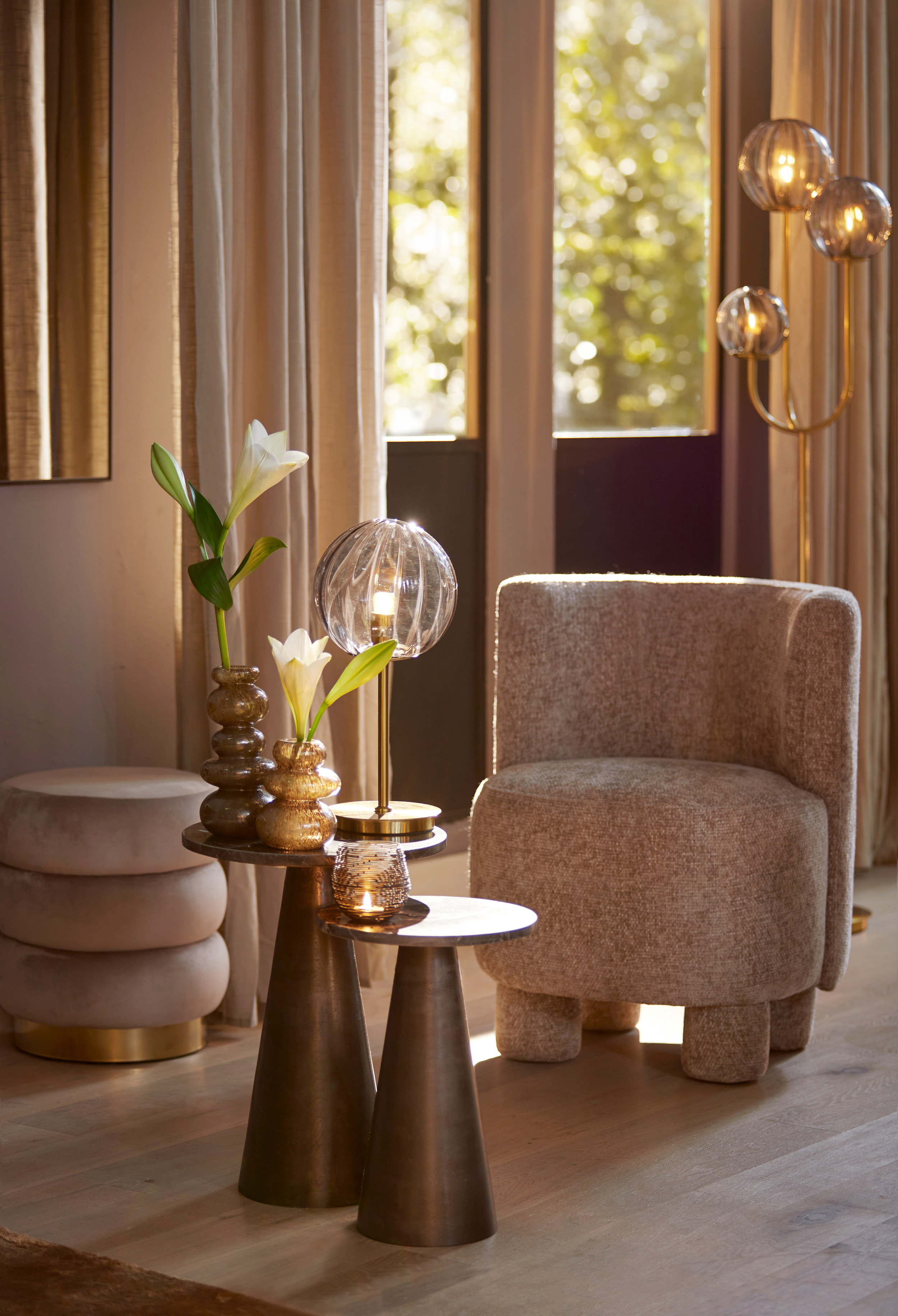 Light & Living Ronde Bijzettafel 'Ynez' Marmer, 36cm, kleur Donkerbruin