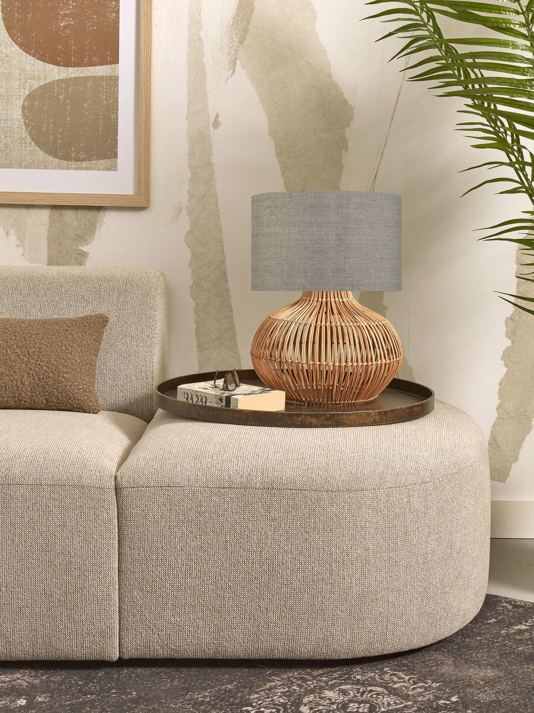 GOOD&MOJO Tafellamp 'Kalahari' Rotan en linnen, 48cm, kleur Naturel/Donkerbeige