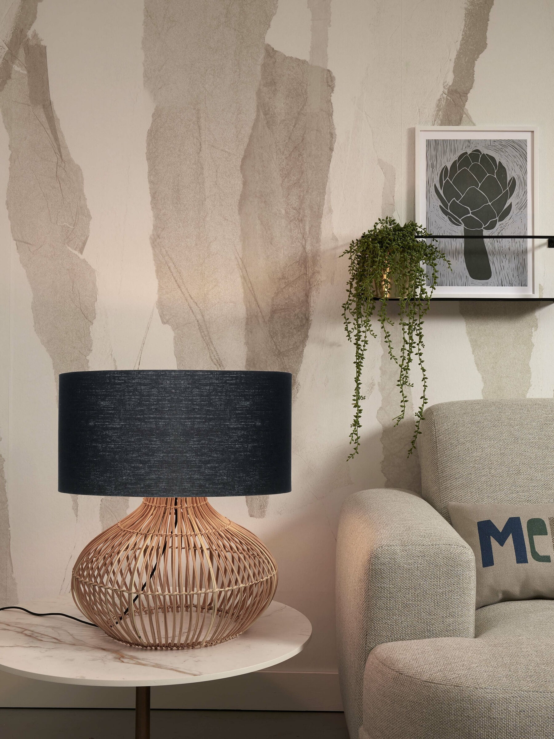 GOOD&MOJO Tafellamp 'Kalahari' Rotan en linnen, 65cm, kleur Naturel/Zwart