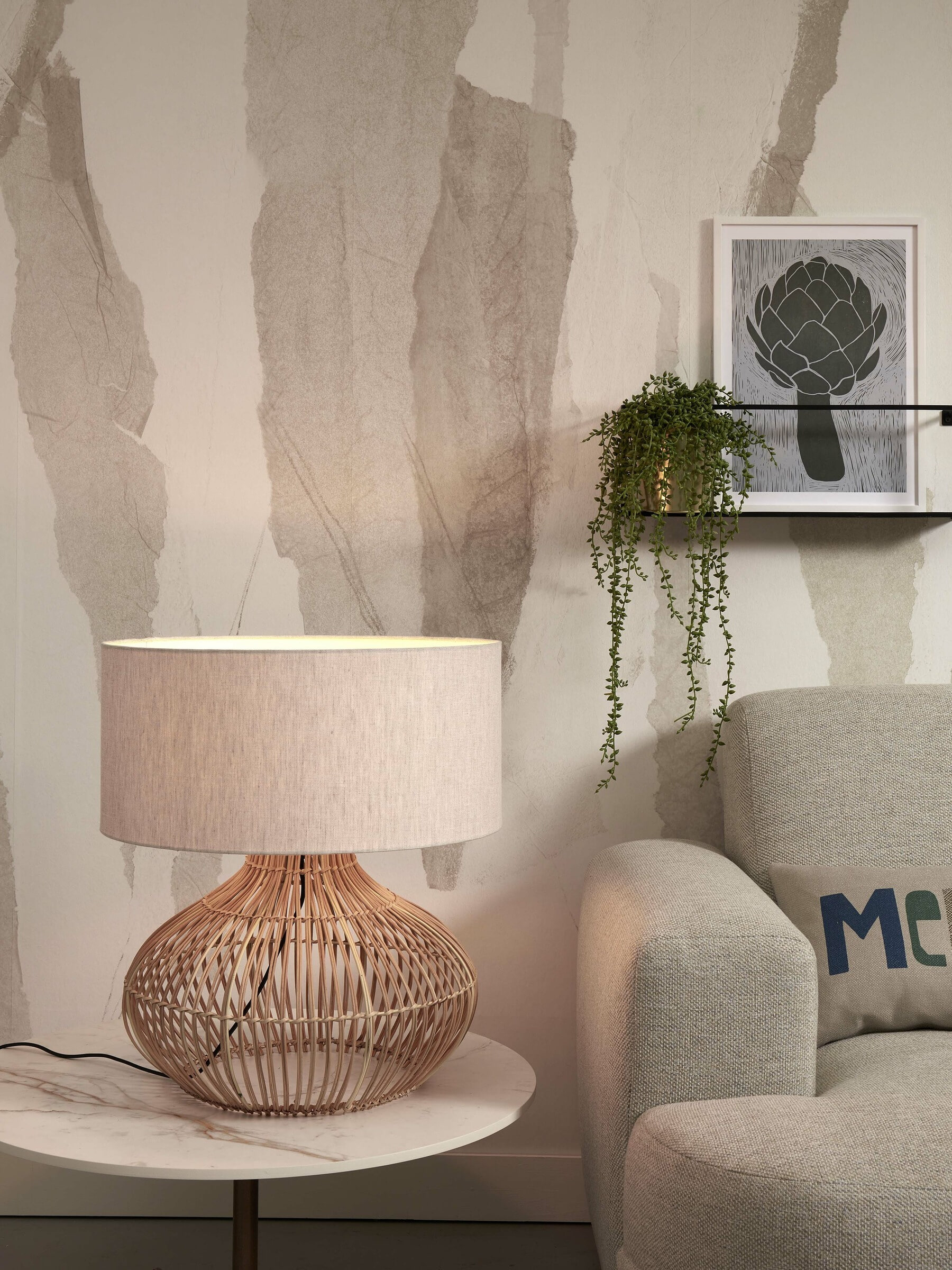 GOOD&MOJO Tafellamp 'Kalahari' Rotan en linnen, 65cm, kleur Naturel/Beige