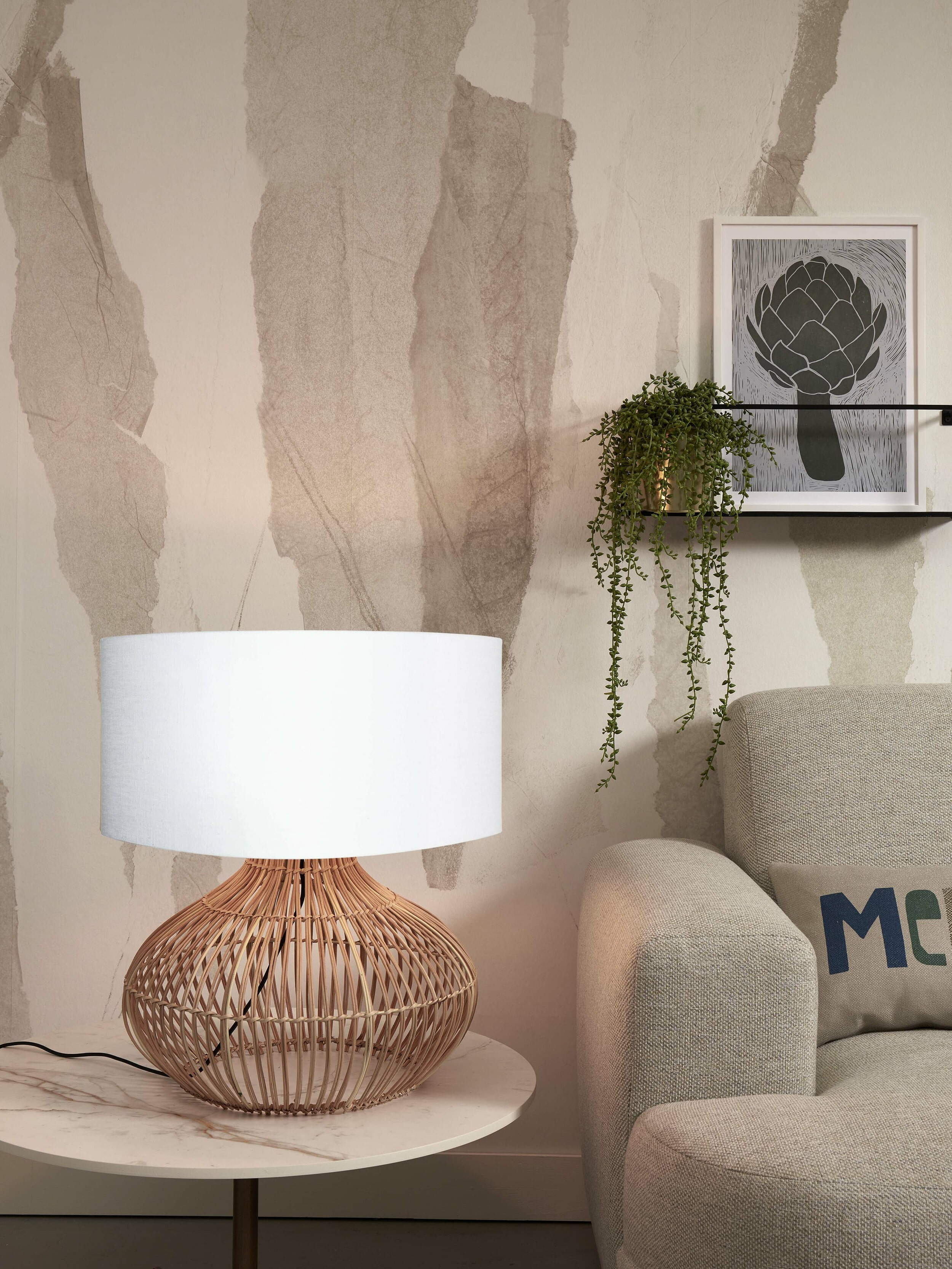 GOOD&MOJO Tafellamp 'Kalahari' Rotan en linnen, 65cm, kleur Naturel/Wit