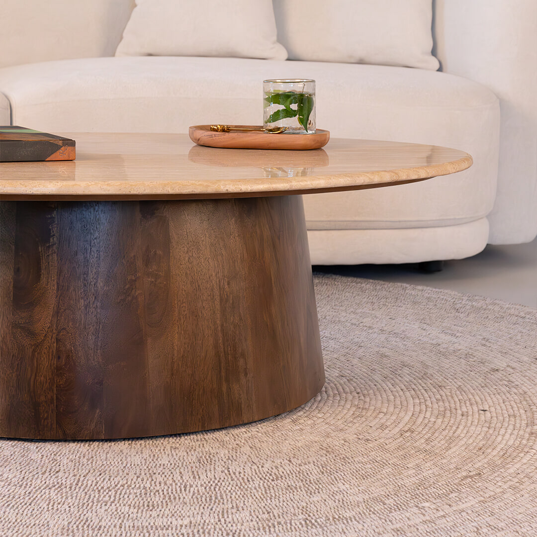 Sohome Ovale Salontafel 'Bailey' Mangohout en Travertin, 120 x 65cm