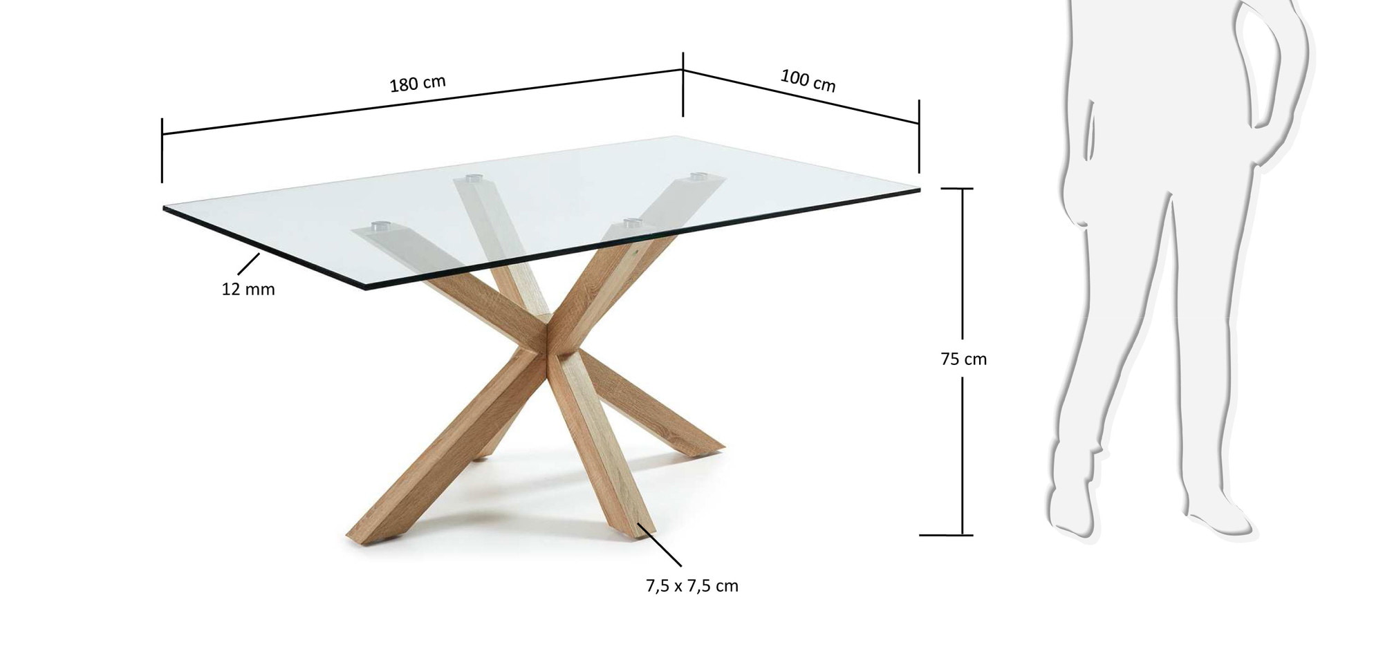 Kave Home Eettafel 'Argo' hout / glas, 180 x 100cm