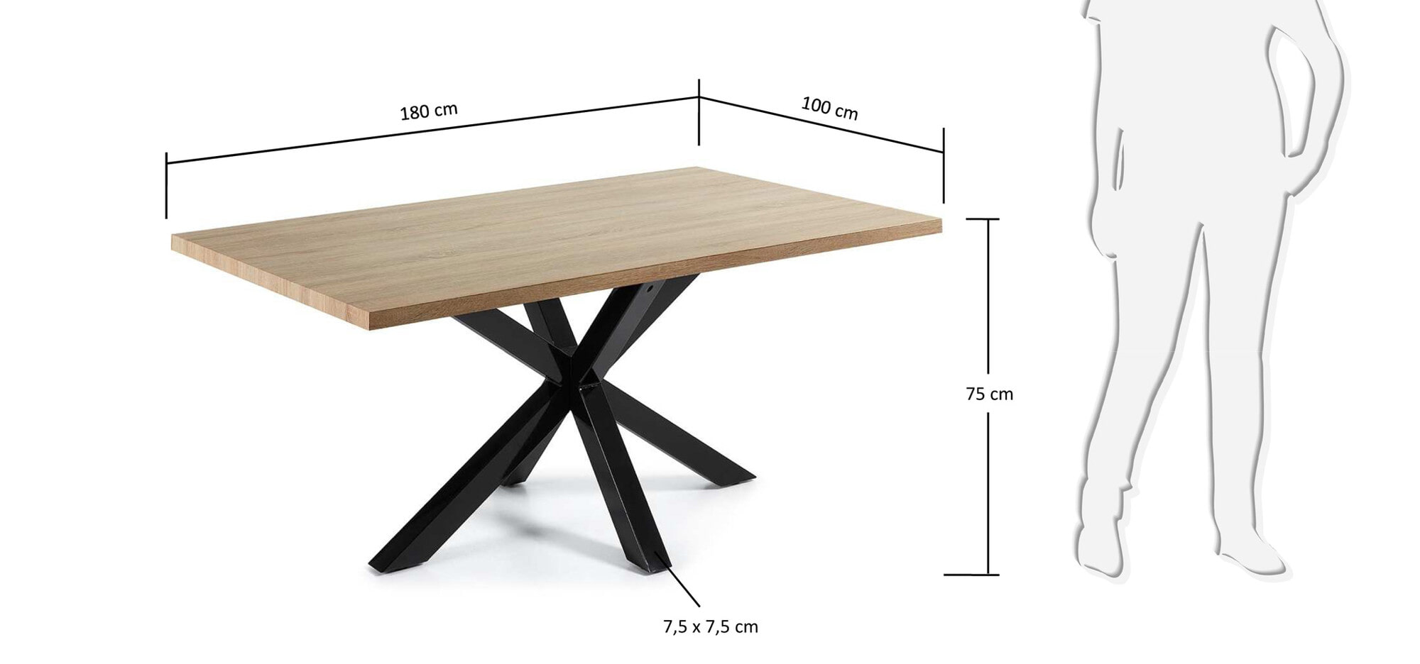 Kave Home Eettafel 'Argo' Zwart/Eiken, 180 x 100cm