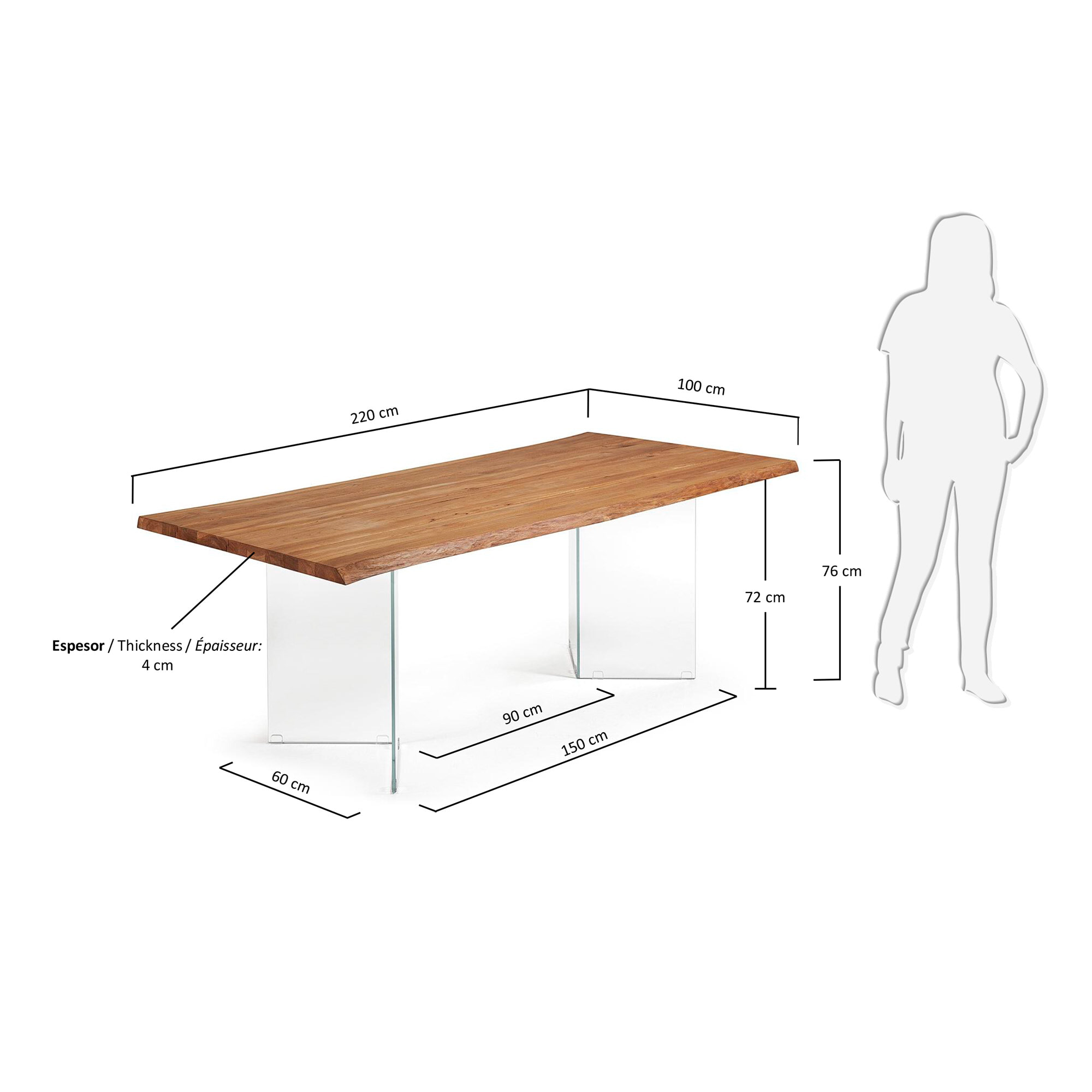 Kave Home Eettafel 'Lotty' Eiken en Glas, 220 x 100cm