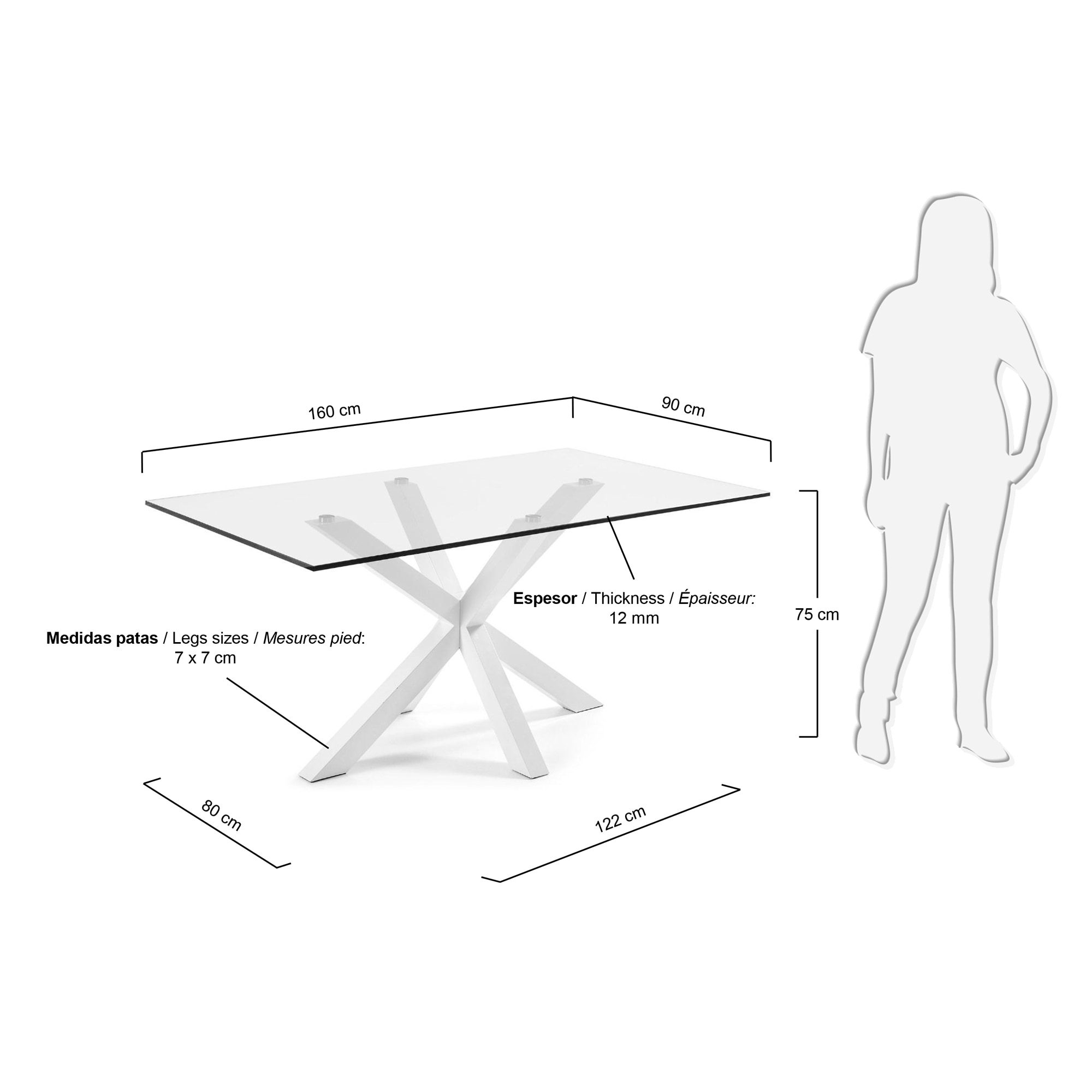 Kave Home glazen eettafel 'Argo' met wit onderstel, 160 x 90cm