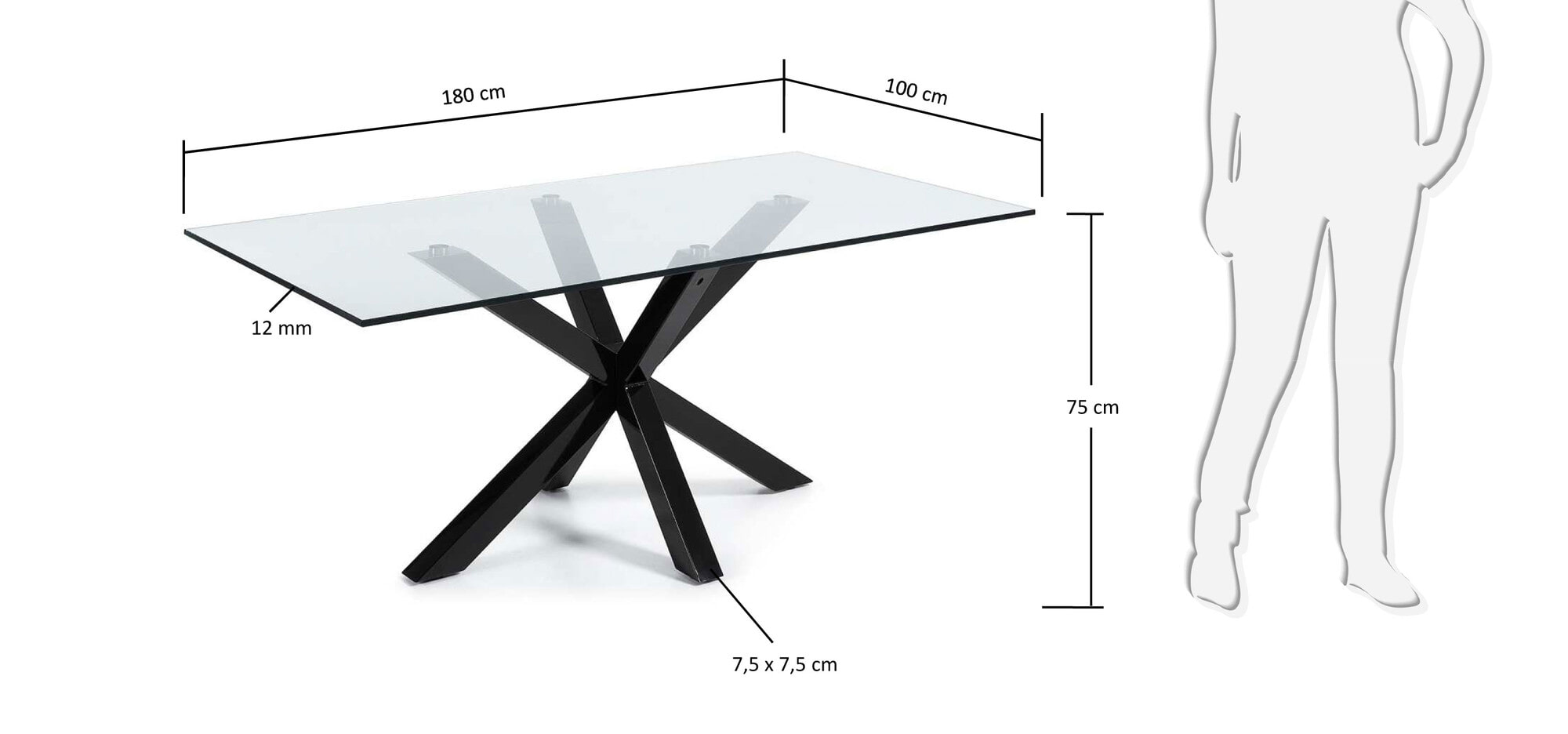 Kave Home Glazen eettafel 'Argo' met zwart onderstel, 160 x 90cm