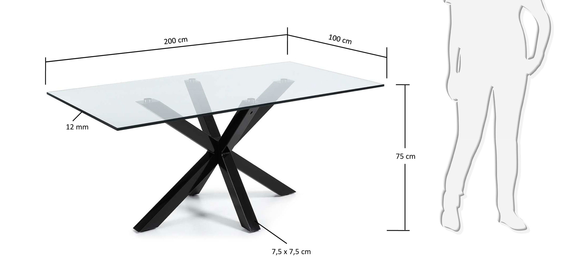 Kave Home Glazen eettafel 'Argo' met zwart onderstel, 200 x 100cm
