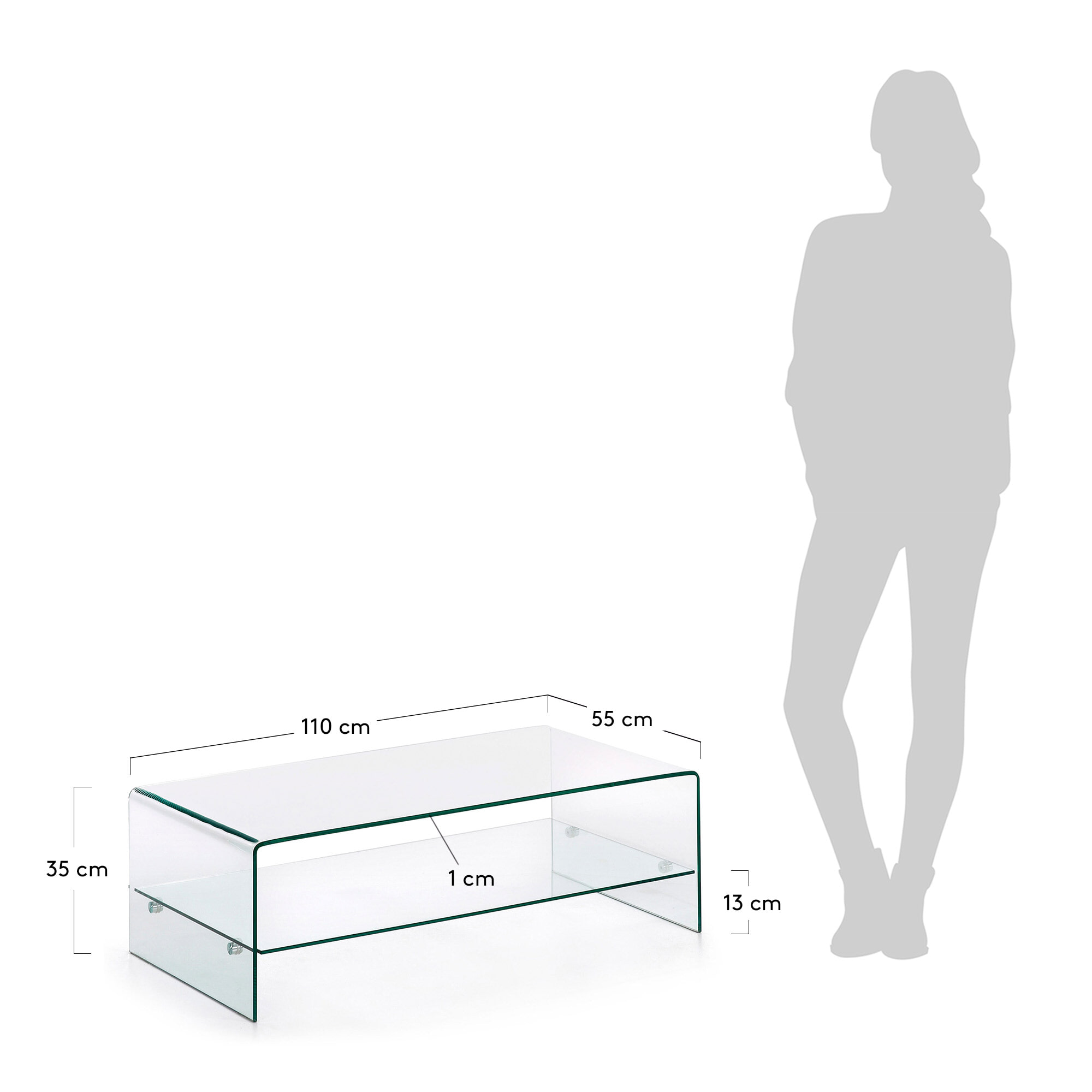 Kave Home Glazen Salontafel 'Burano' met onderplank, 110 x 55 cm