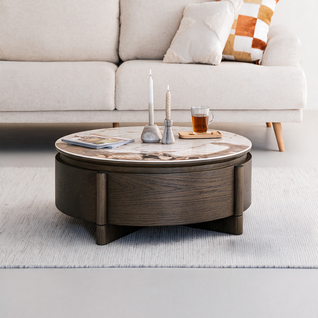 Richmond Ronde Salontafel Langford Marmerlook en eiken, Ø90cm, Met 1 lade - Bruin