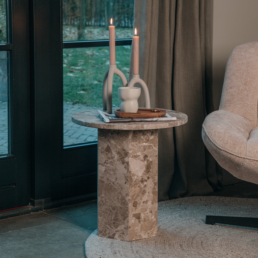 Bendt Ronde Bijzettafel 'Lasonya' Travertin, 50cm, kleur Beige