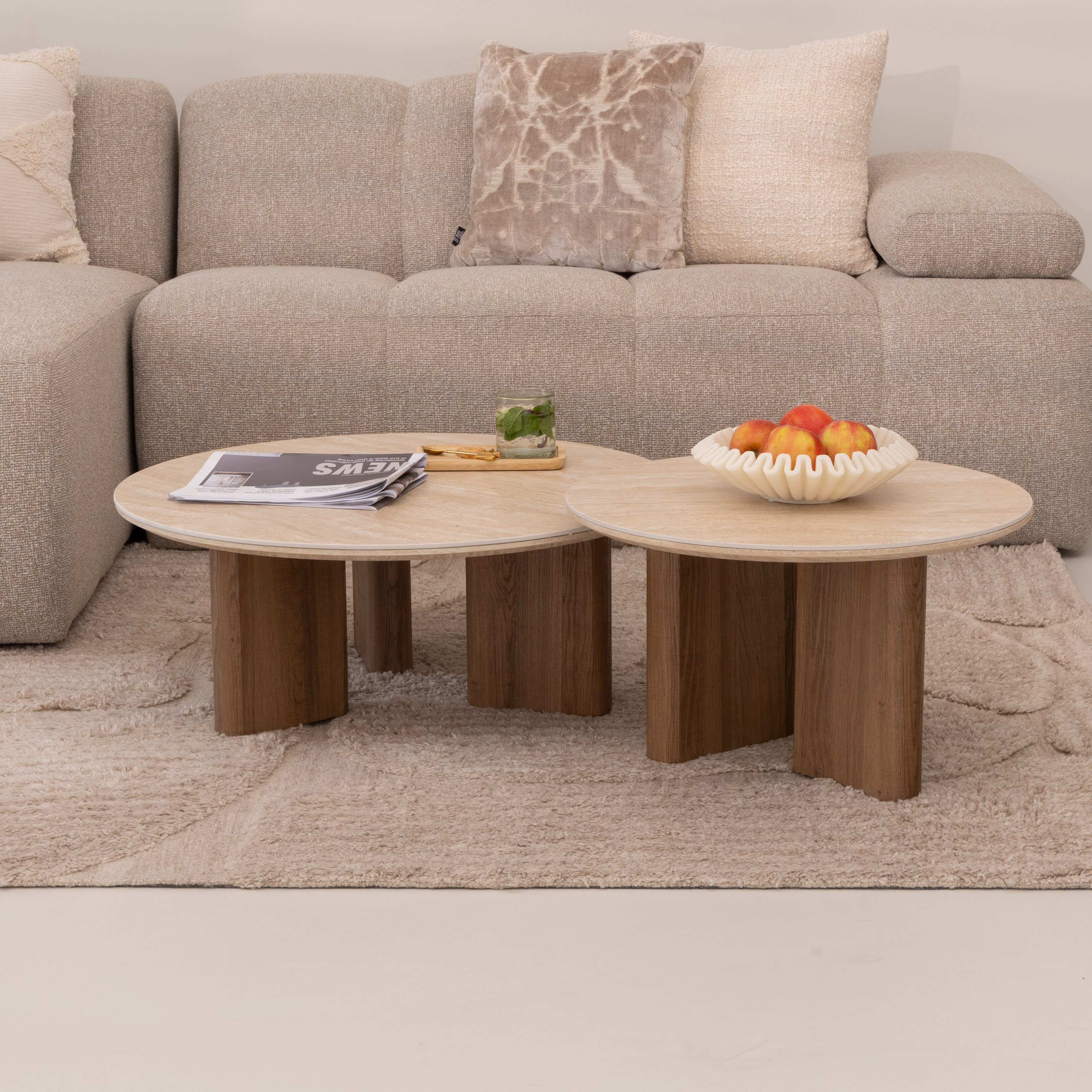 LifestyleFurn Ronde Salontafel Laycie Keramiek in Travertin-look, Set van 2 stuks - Bruin - Japandi