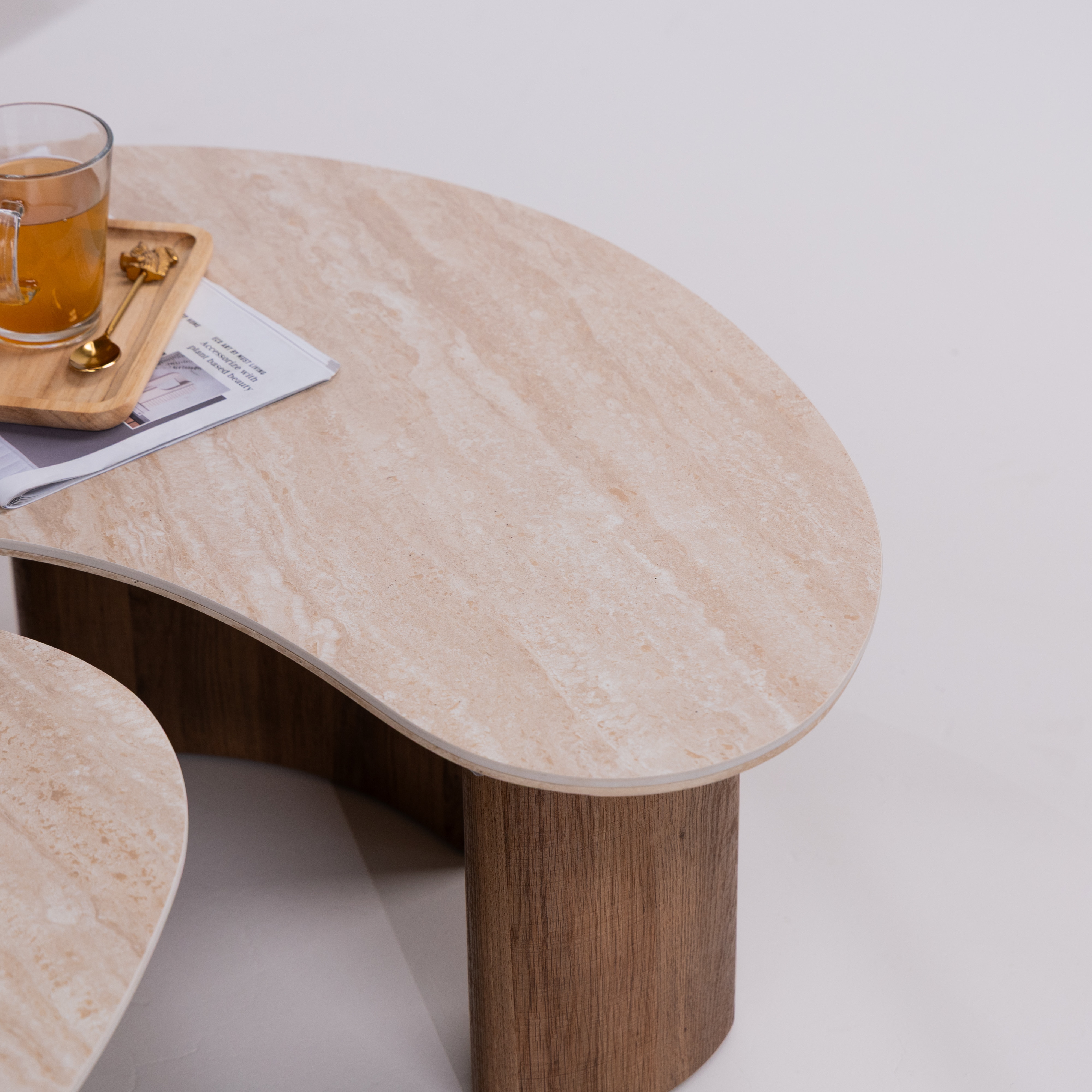 LifestyleFurn Organische Salontafel 'Laycie' Keramiek in Travertin-look, Set van 2 stuks