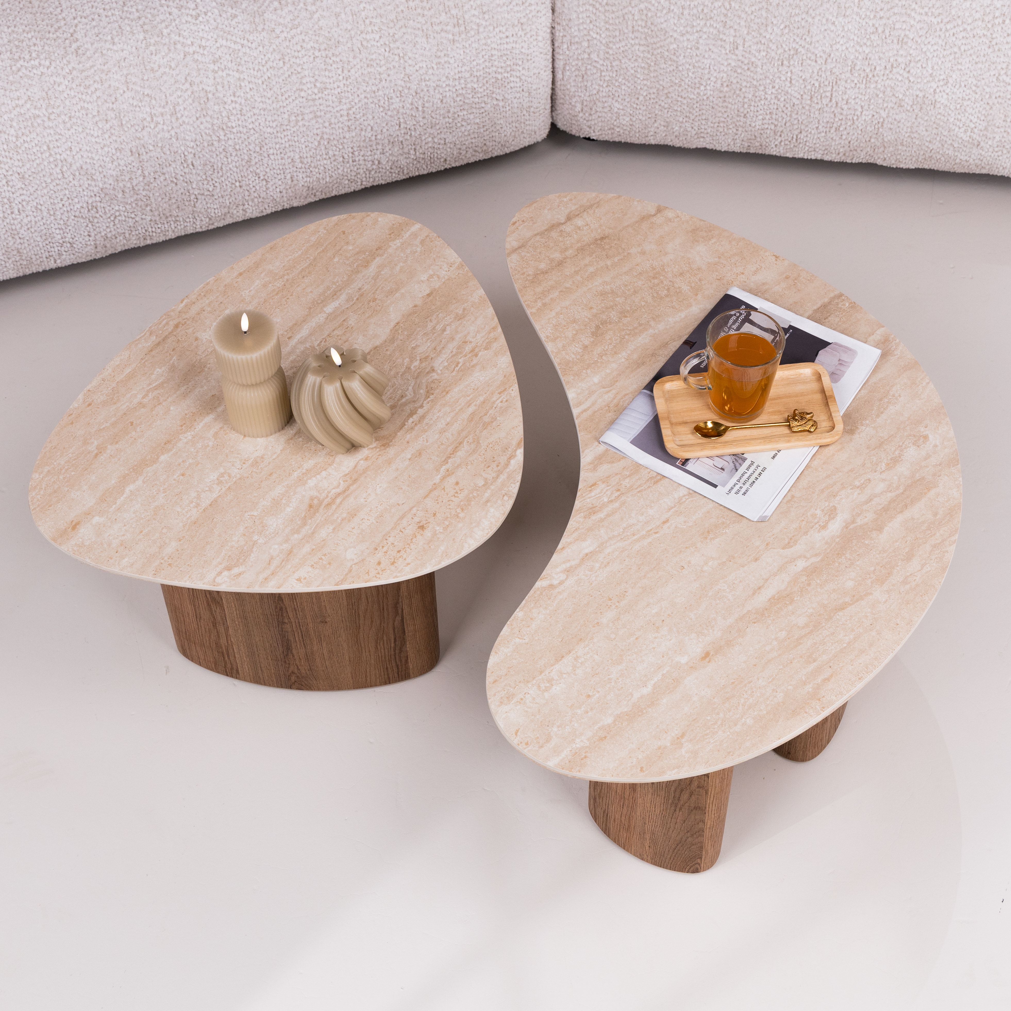 LifestyleFurn Organische Salontafel 'Laycie' Keramiek in Travertin-look, Set van 2 stuks