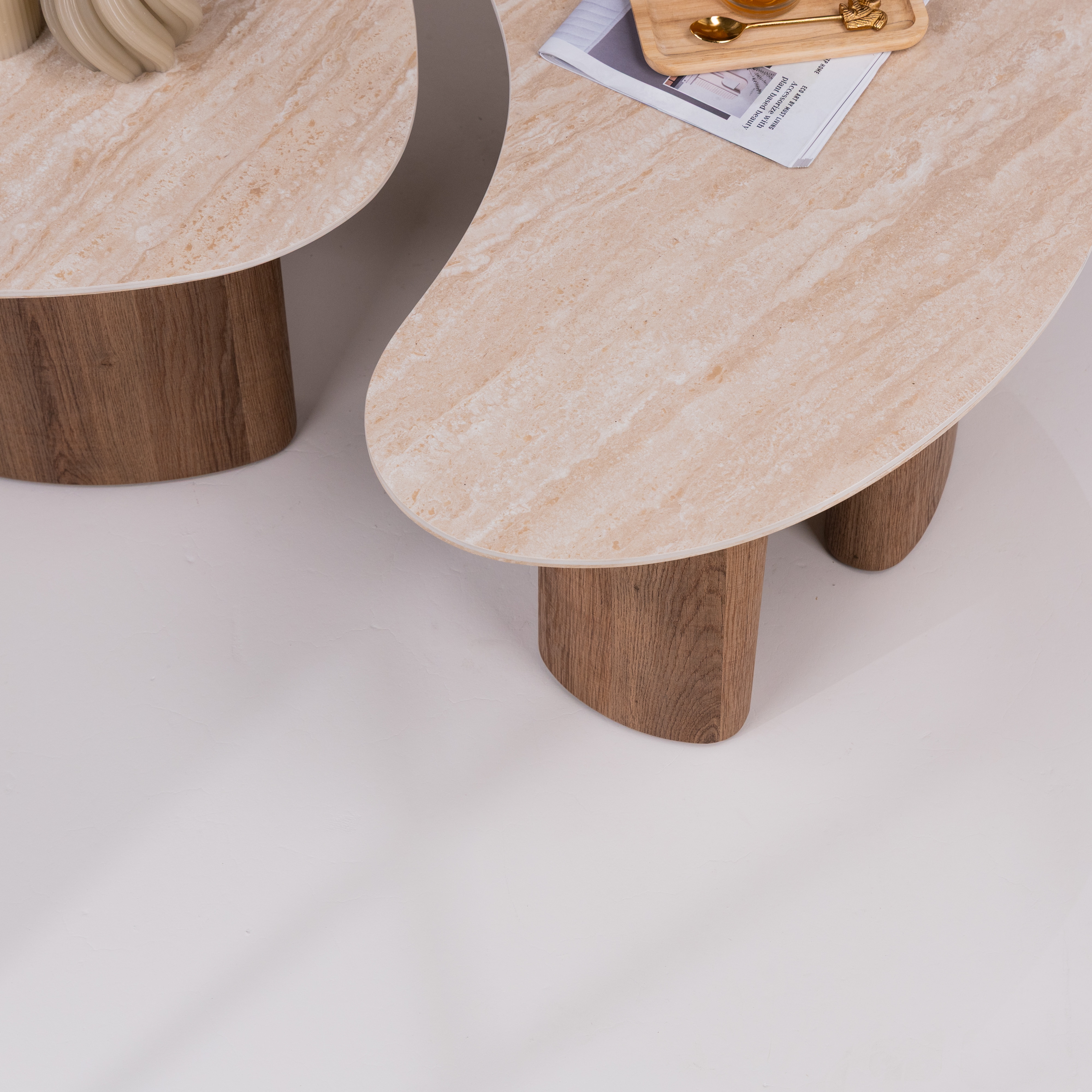 LifestyleFurn Organische Salontafel 'Laycie' Keramiek in Travertin-look, Set van 2 stuks