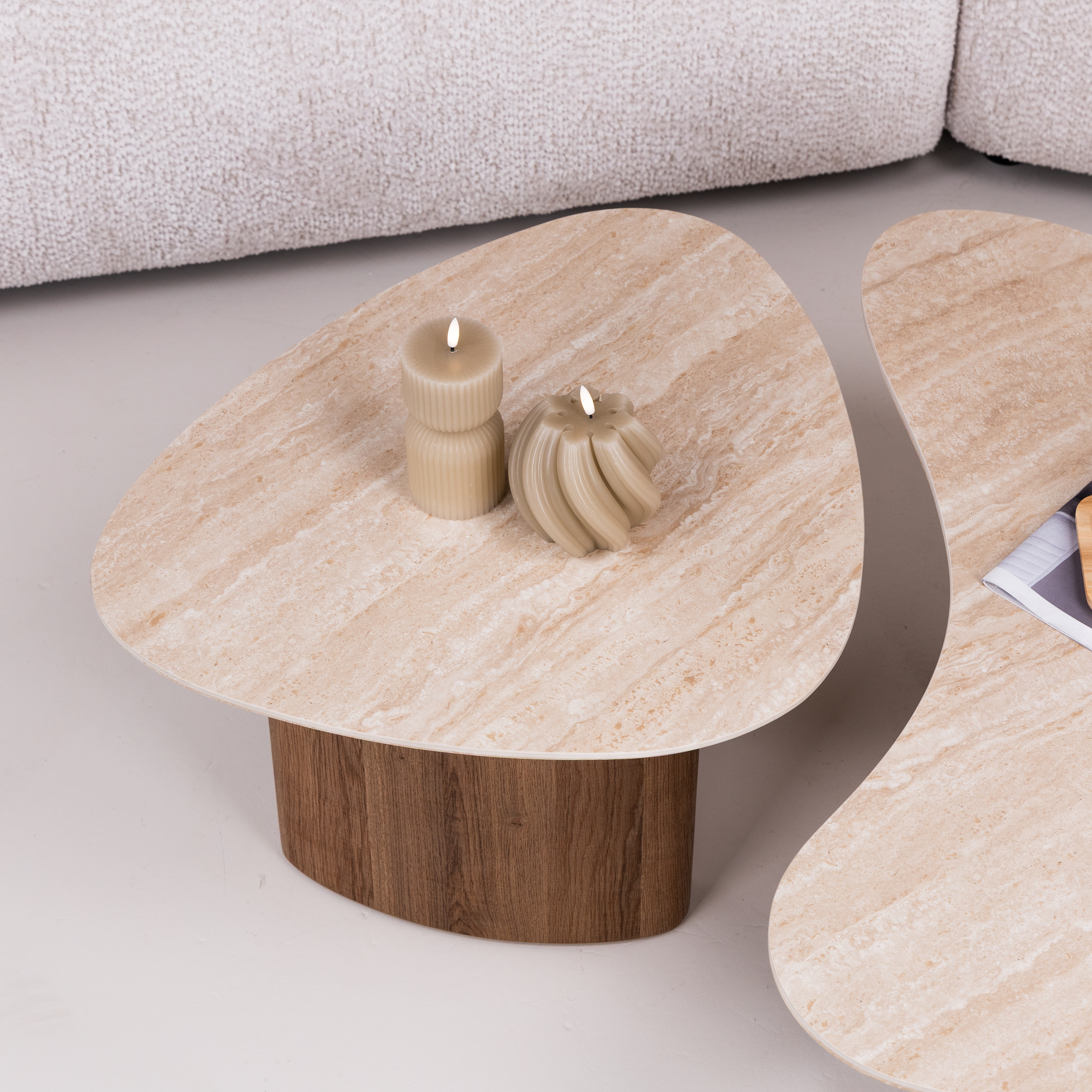 LifestyleFurn Organische Salontafel 'Laycie' Keramiek in Travertin-look, Set van 2 stuks