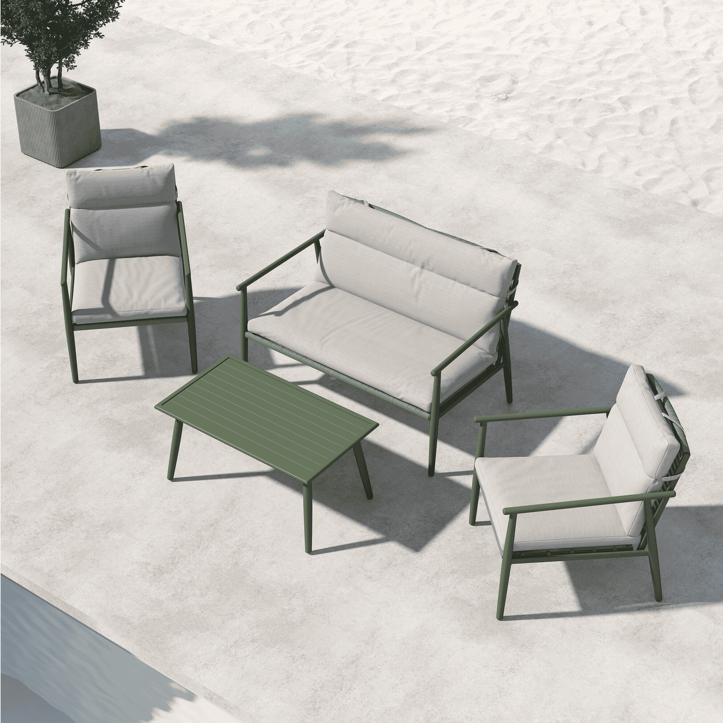 Nohr Loungeset 'Filemon' Met bank, 2 loungestoelen en tafel, kleur Beige/Groen