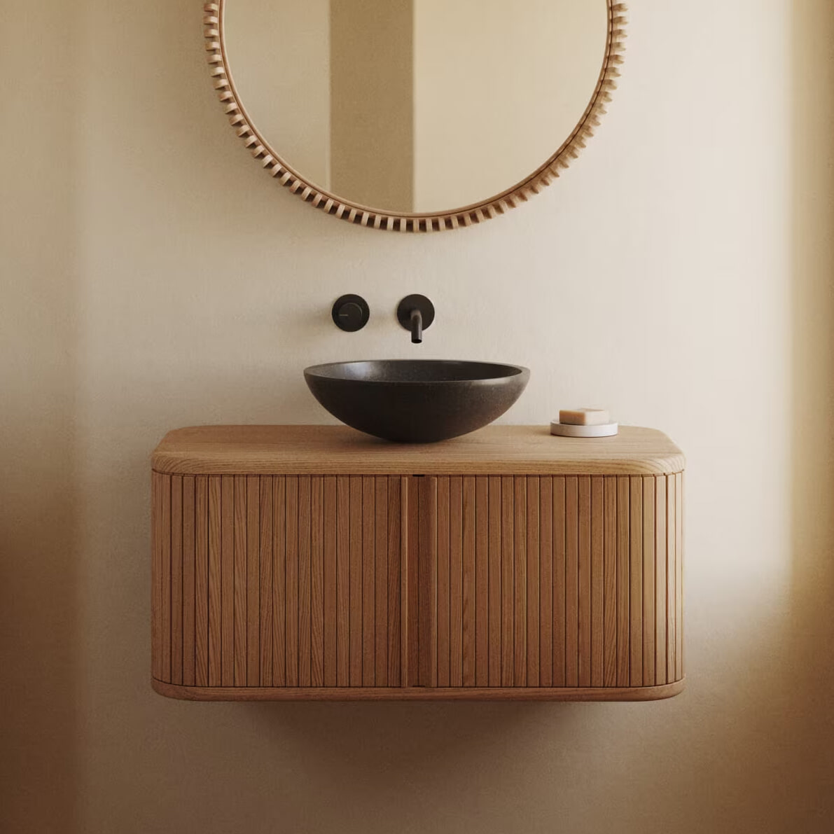 Kave Home Badkamermeubel 'Mailen' Essenhout, 90cm, kleur Naturel (excl. waskom)