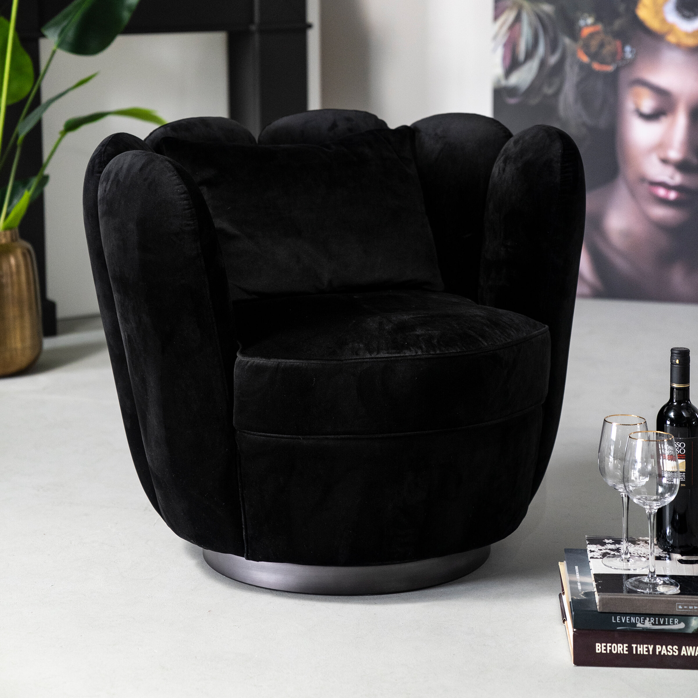 Eleonora Draaifauteuil 'Maria' Velvet, kleur zwart