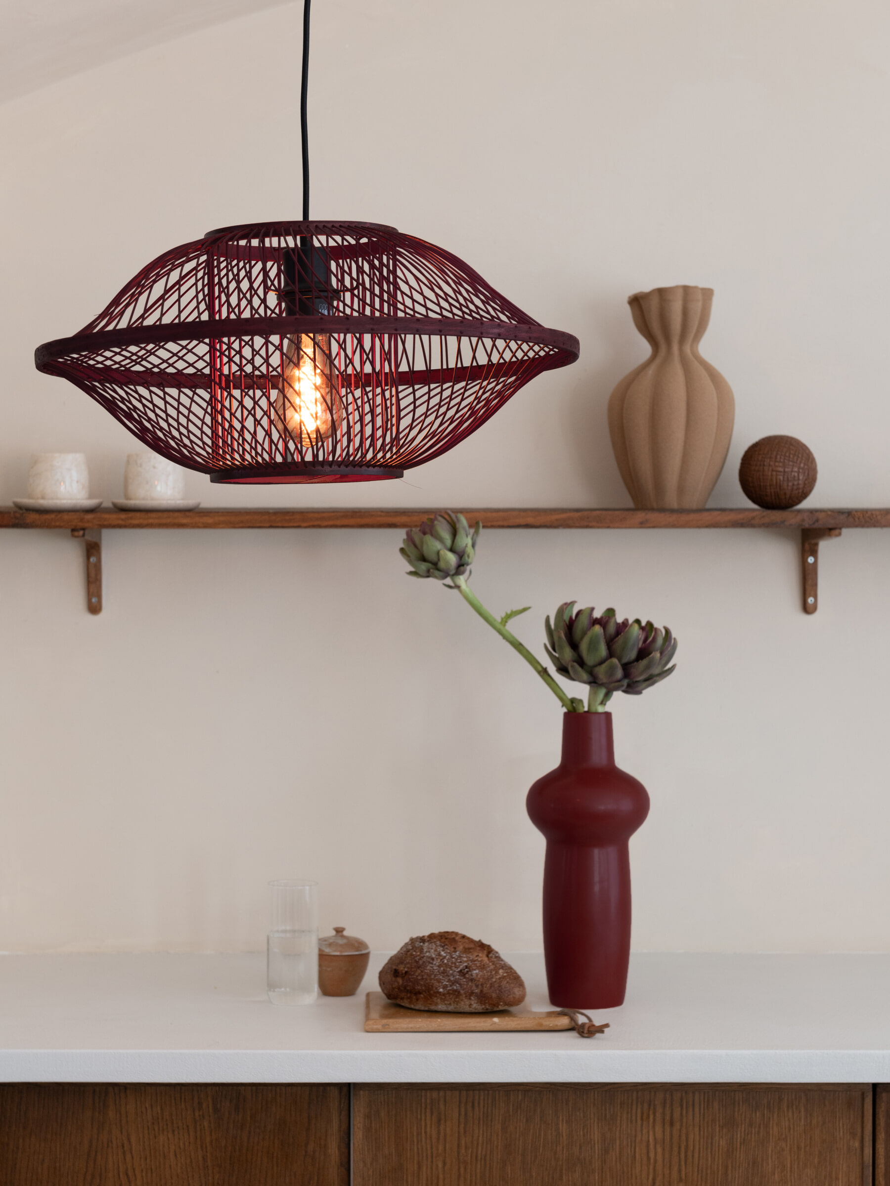 GOOD&MOJO Hanglamp 'Maui' Bamboe, 50cm, kleur Burgundy