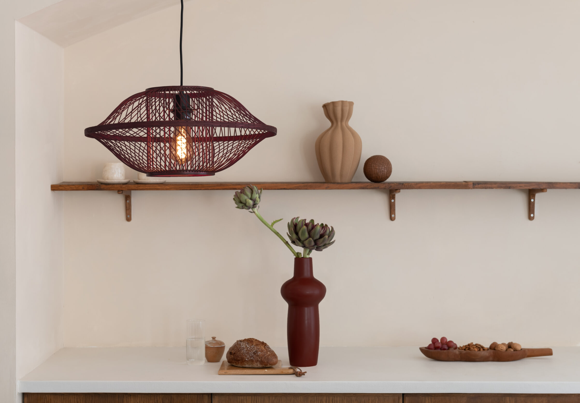 GOOD&MOJO Hanglamp 'Maui' Bamboe, 50cm, kleur Burgundy