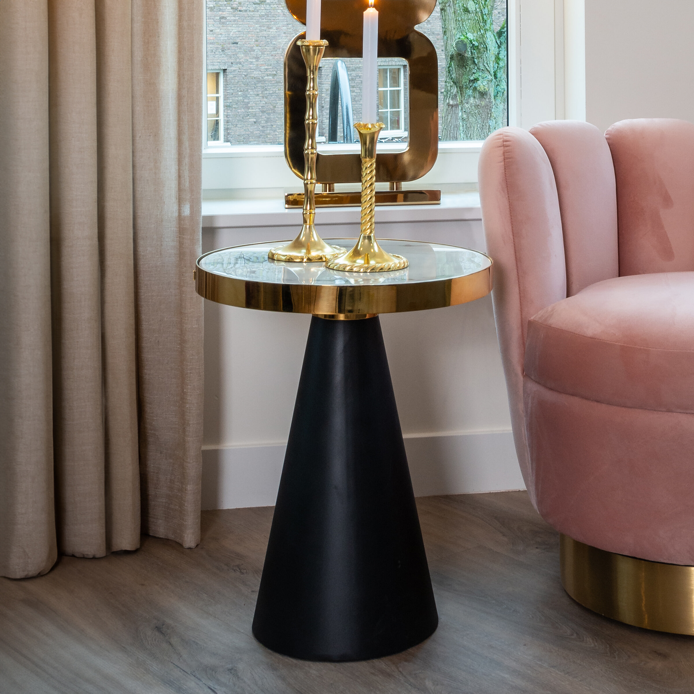 Richmond Bijzettafel Odin Ø45cm, Wit Marmer / Goud / Zwart - Rond