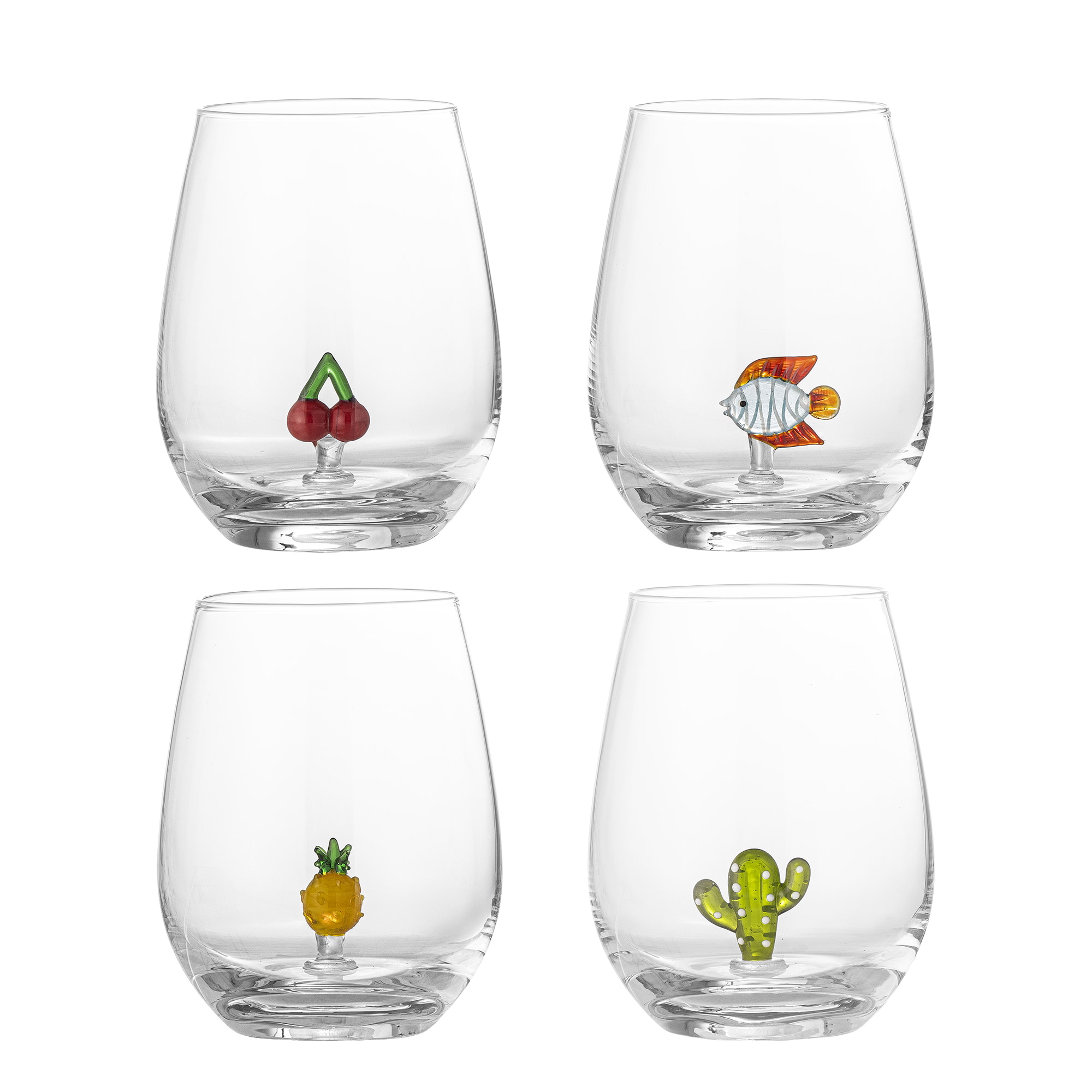 Bloomingville Drinkglas Misa Vis/Ananas/Cactus/Kers, Set van 4 stuks - Transparant