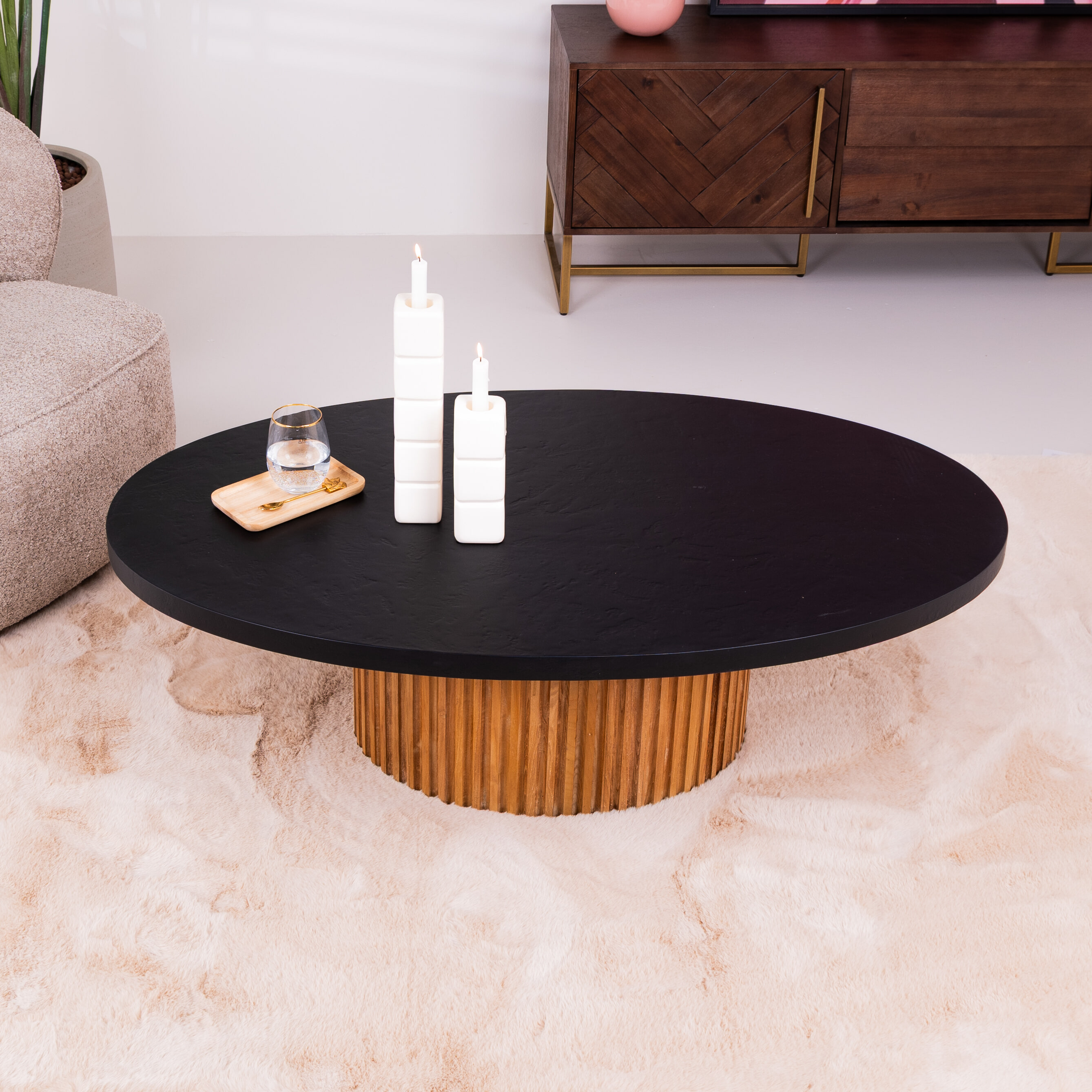 Tower Living Ovale Salontafel 'Palazzo' Teakhout en mineraal stucwerk, 130 x 75cm