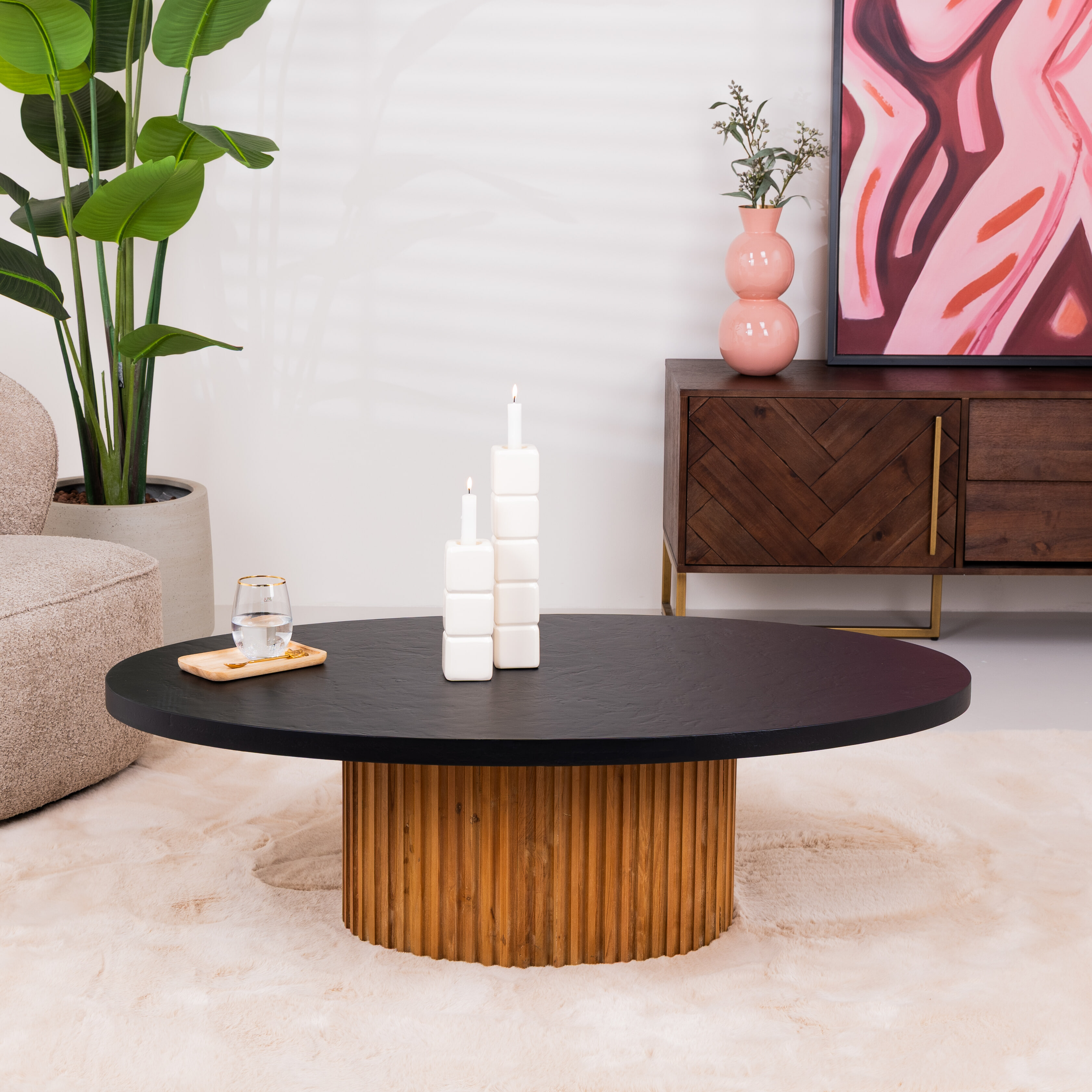 Tower Living Ovale Salontafel Palazzo Teakhout en mineraal stucwerk, 130 x 75cm - Bruin - Ovaal