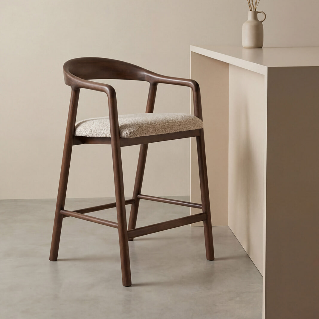 LABEL51 Barkruk Lone Superb-stof & walnoot eiken - Beige (zithoogte 60cm)