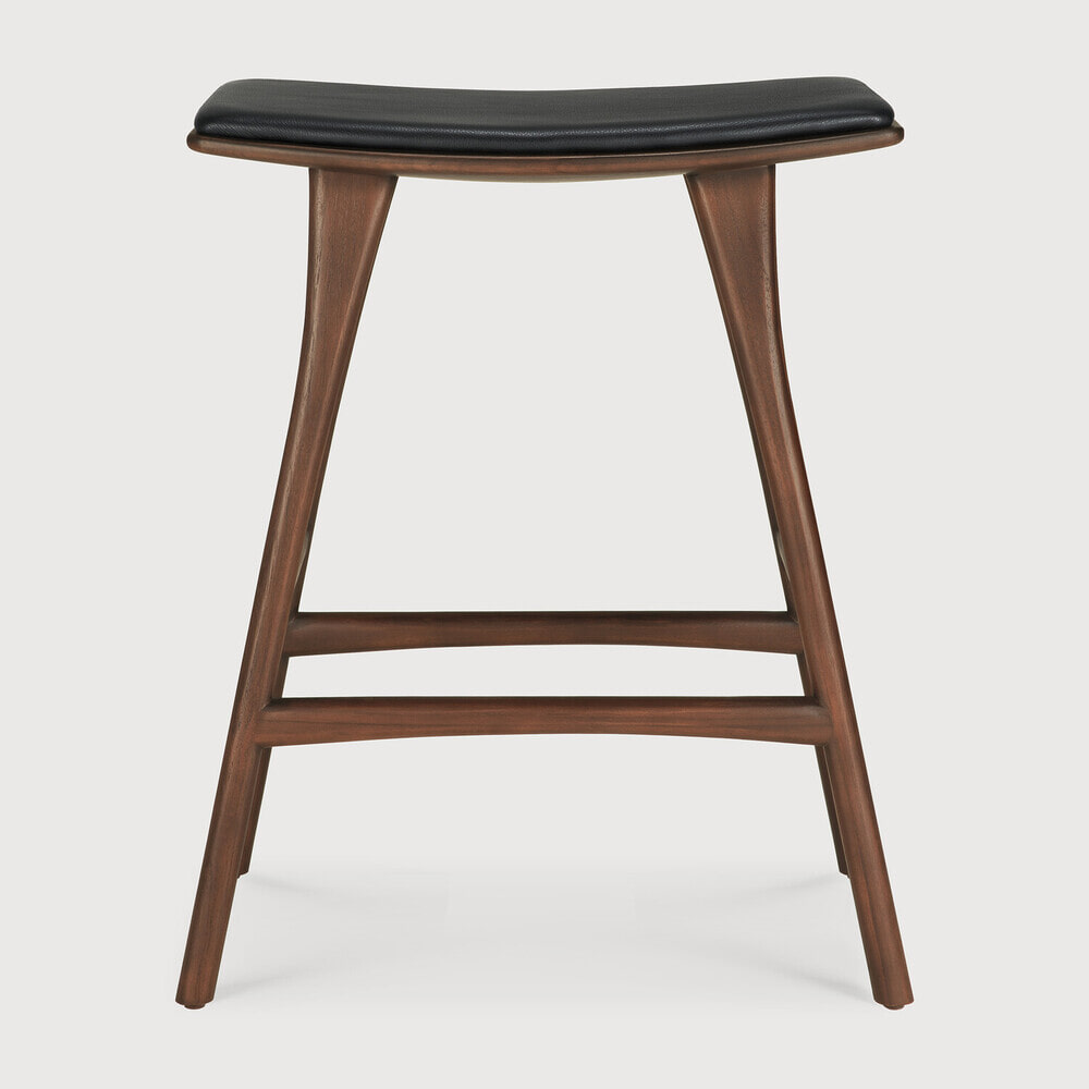 Ethnicraft Barkruk 'Osso' Gevernist Teakhout en Leder, kleur Bruin/Zwart (zithoogte 67cm)
