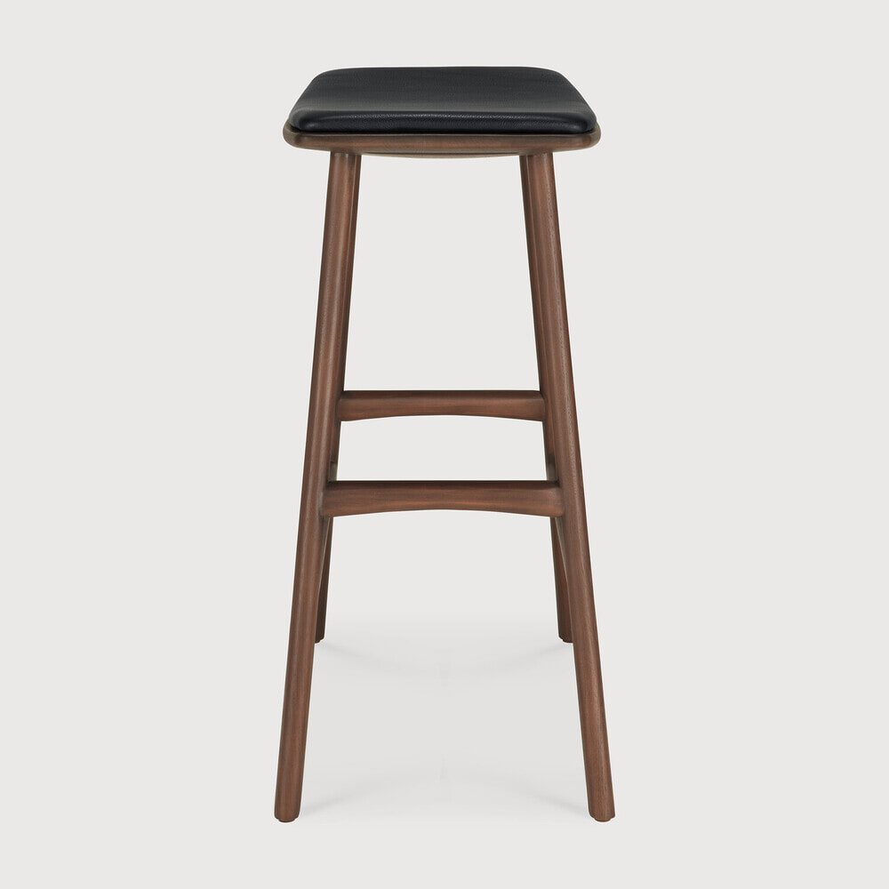 Ethnicraft Barkruk 'Osso' Gevernist Teakhout en Leder, kleur Bruin/Zwart (zithoogte 67cm)