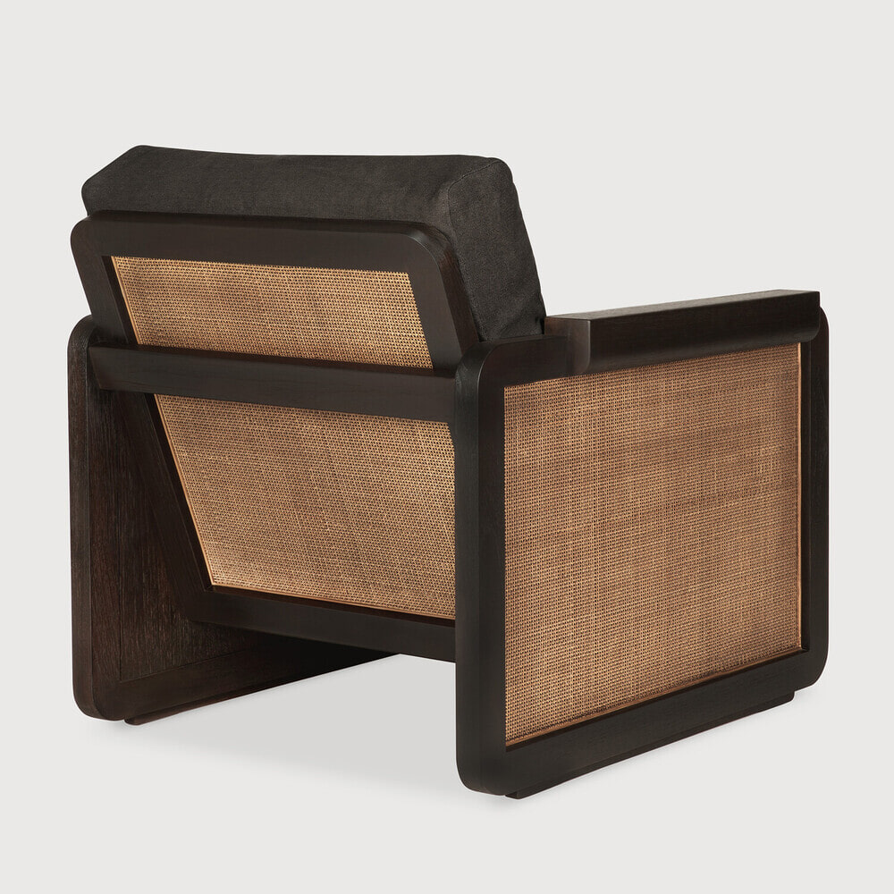 Ethnicraft Fauteuil 'Panel' Gevernist Teakhout, rotan en stof, kleur Grey Linen