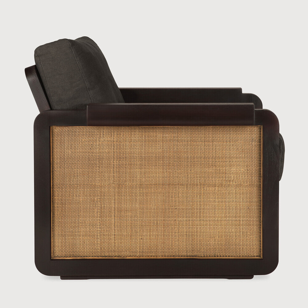 Ethnicraft Fauteuil 'Panel' Gevernist Teakhout, rotan en stof, kleur Grey Linen