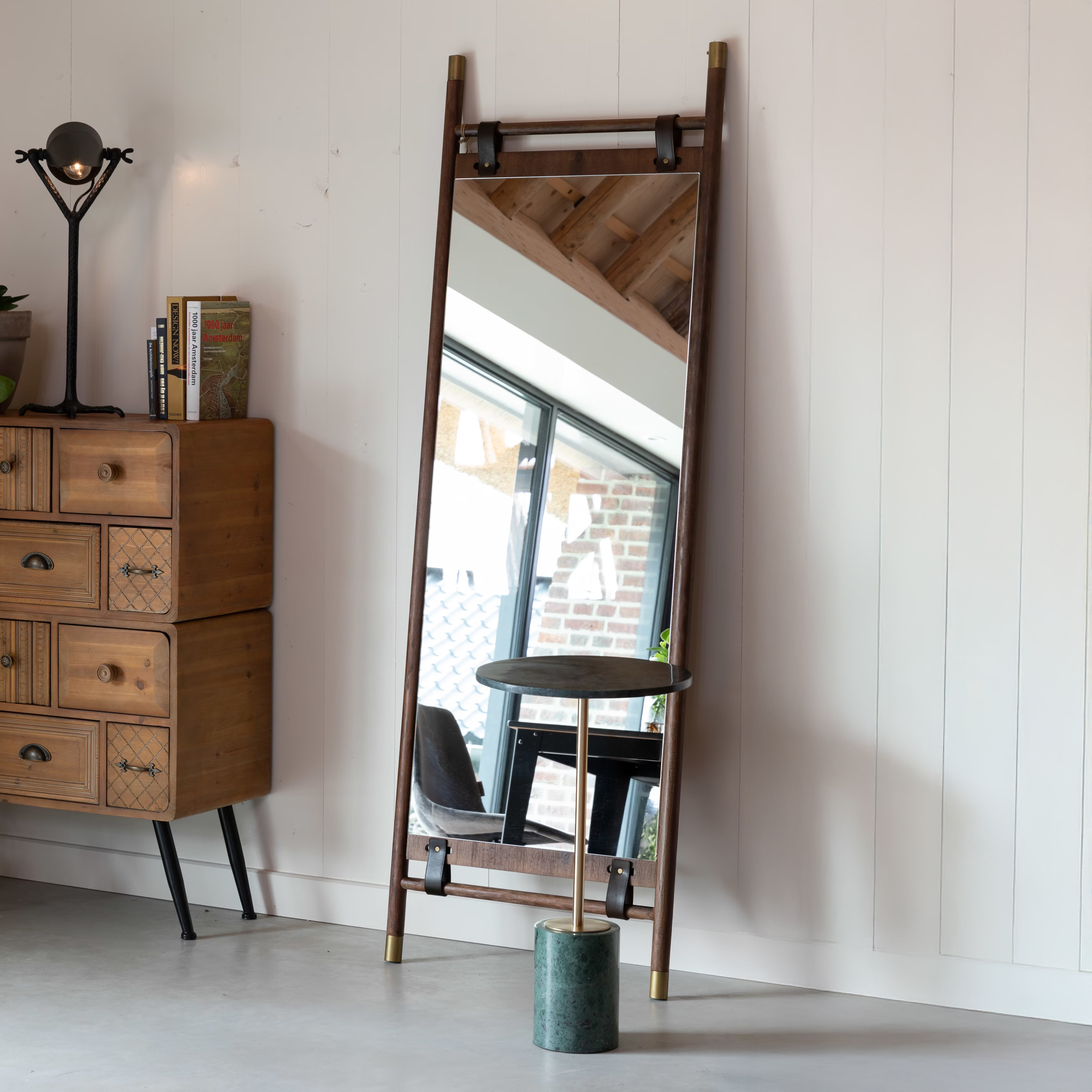 Dutchbone Spiegel 'Riva' 180 x 59.5cm, beukenhout / leer / messing