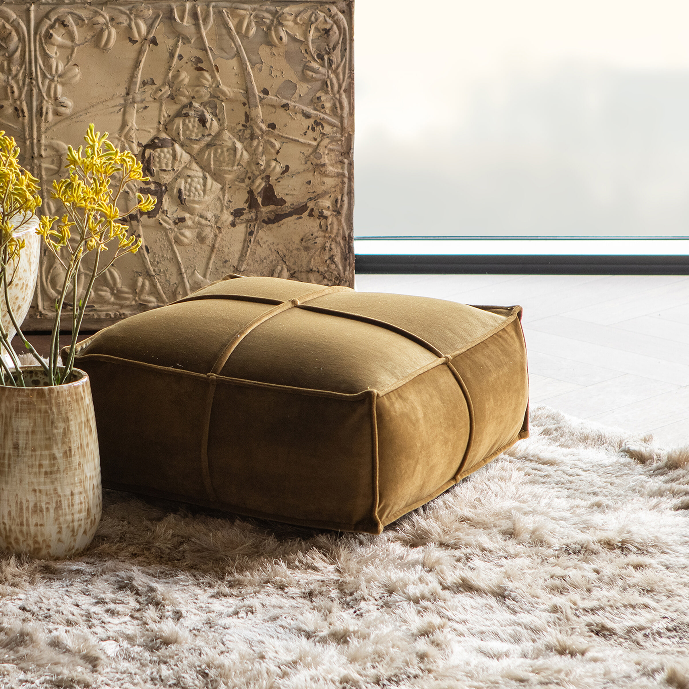 BePureHome Poef 'Rodeo' Velvet, 60cm, kleur Honey (Geel)