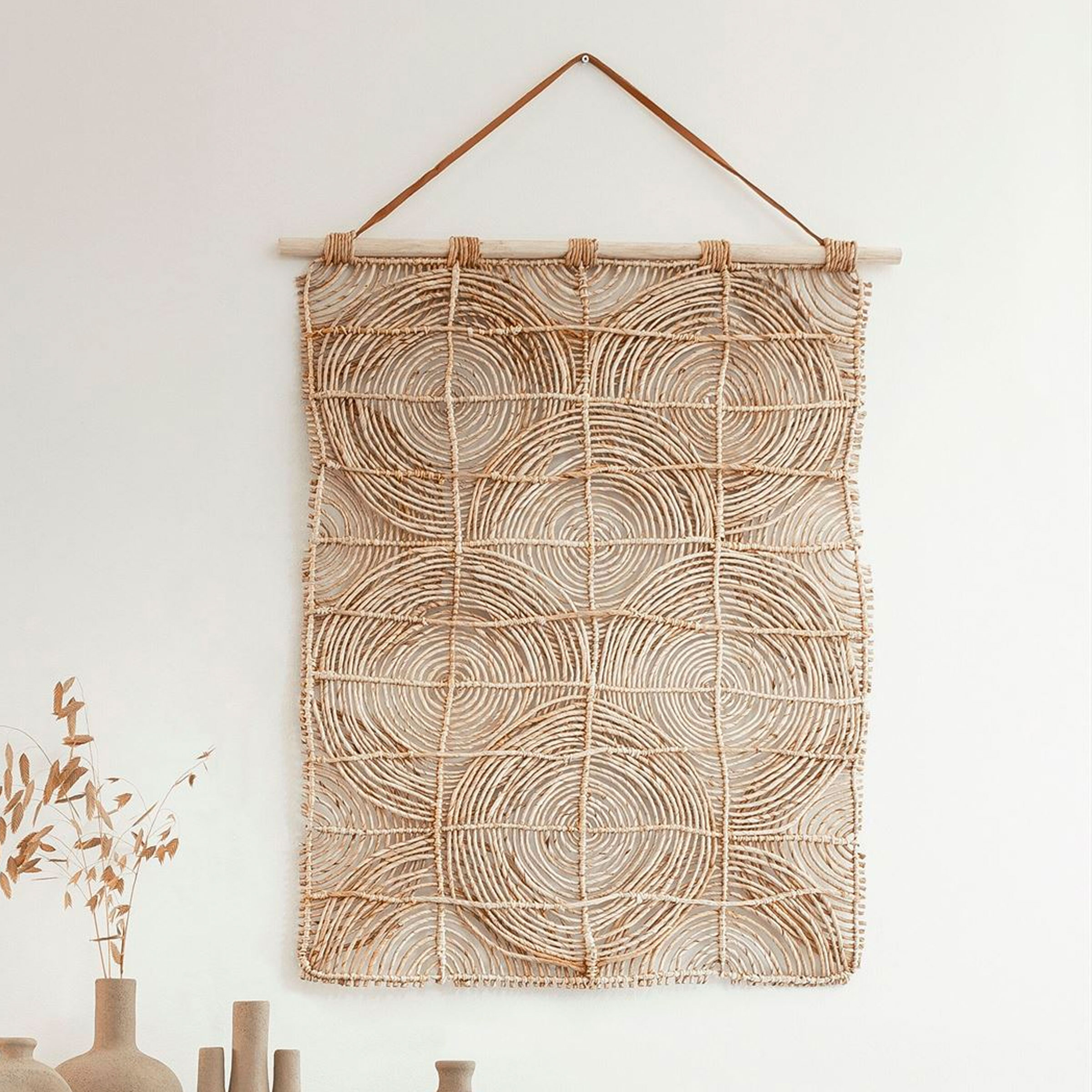 MUST Living Wanddecoratie Round&Round Abaca en Teakhout, 107 x 71cm - Naturel