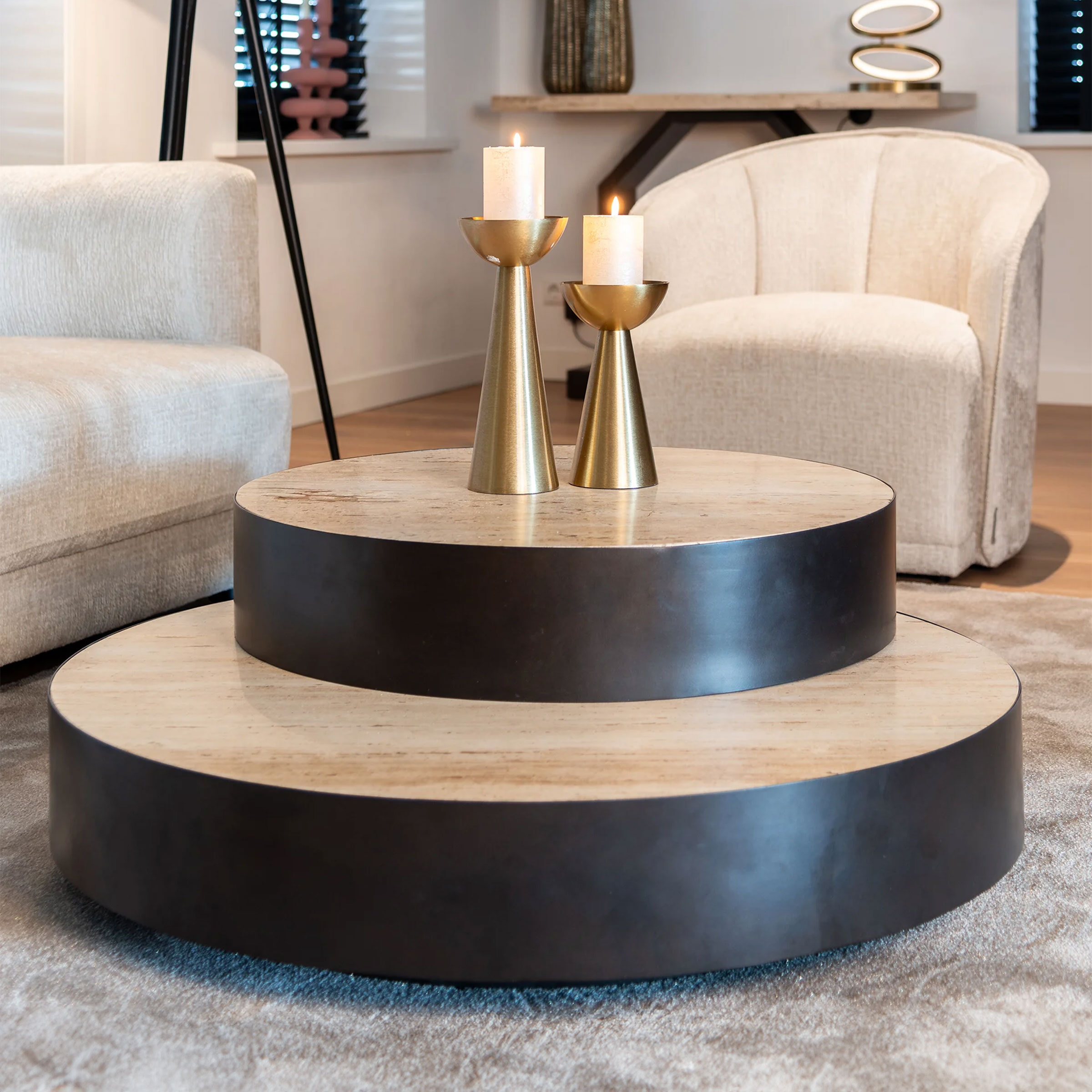 Richmond Ronde Salontafel Avalon Travertin 2-in-1, 100 / 74cm - Zwart