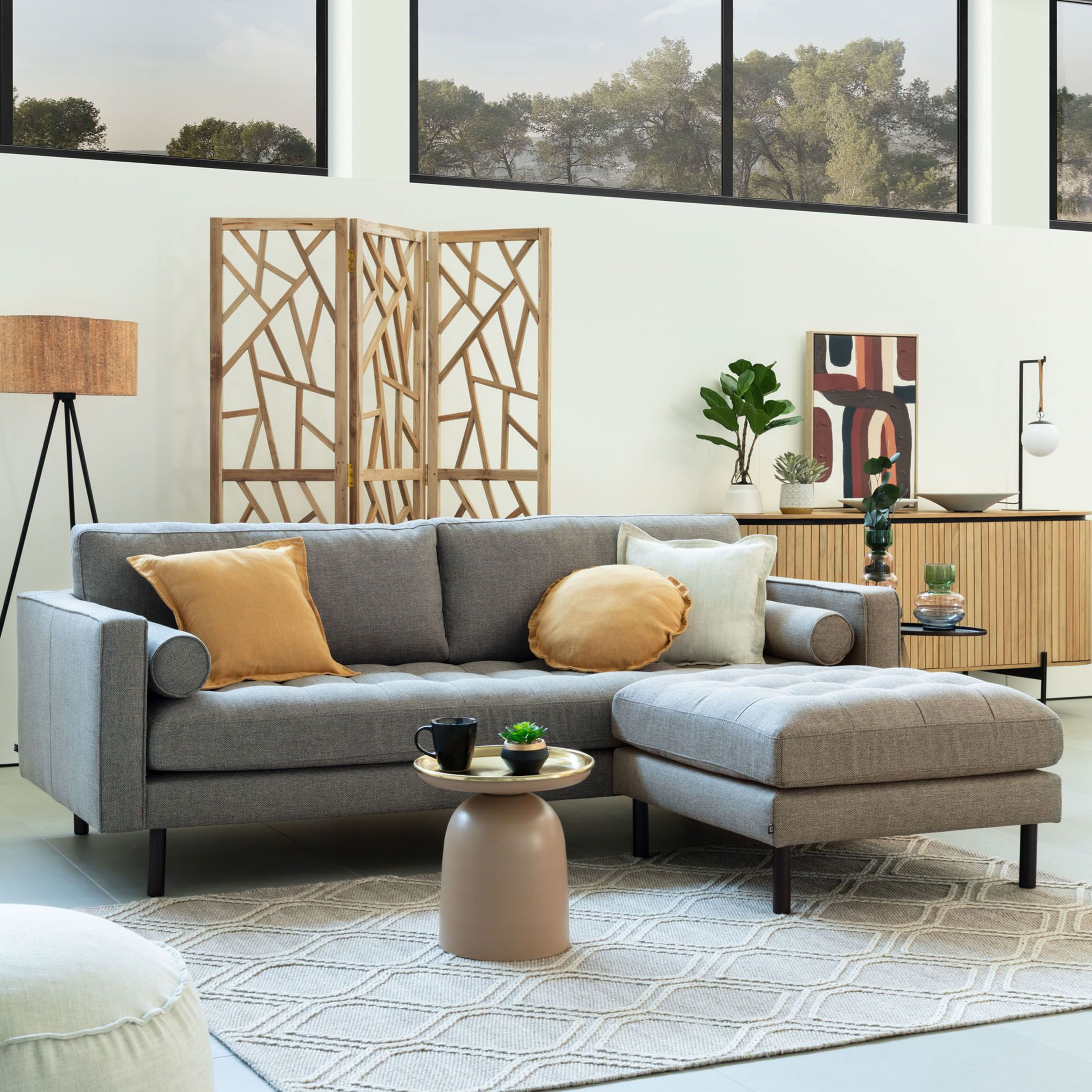 Kave Home 3-zits Loungebank 'Debra' met poef, Stof, kleur Lichtgrijs Kave Home 3-zits Loungebank 'Debra' met poef, Stof, kleur Lichtgrijs
