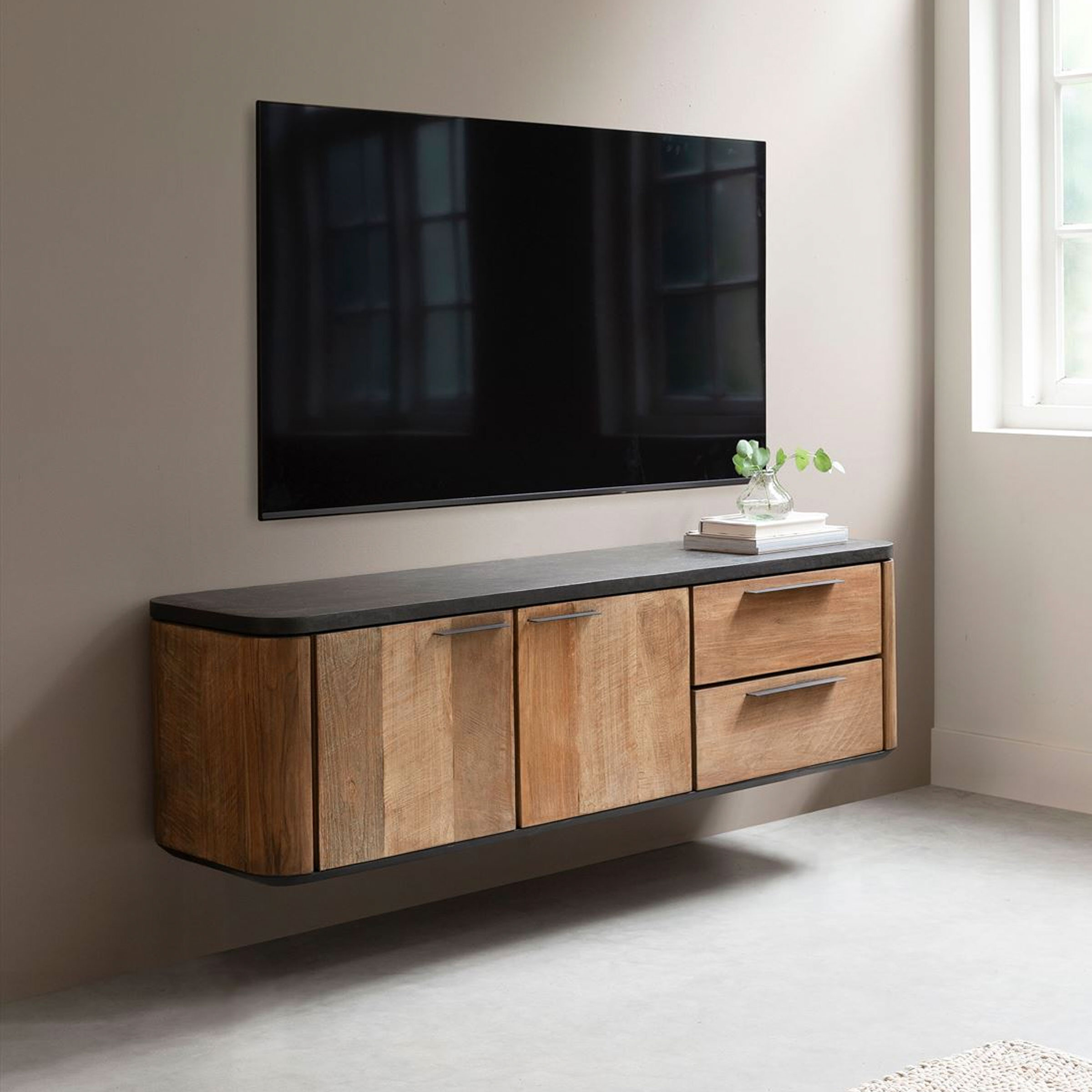 DTP Home Zwevend TV-meubel 'Soho' Teakhout en betonlook, 150cm