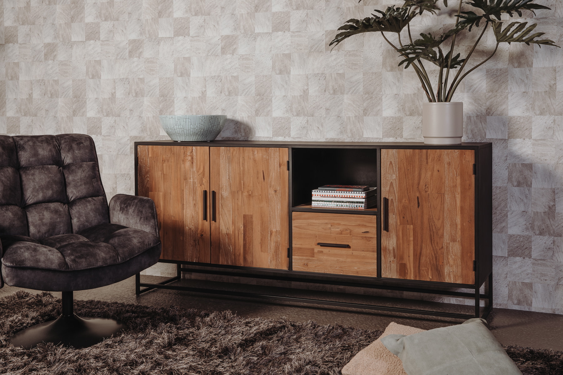 Tower Living Draaibare Fauteuil 'Tropea' Velvet, kleur Donkergrijs