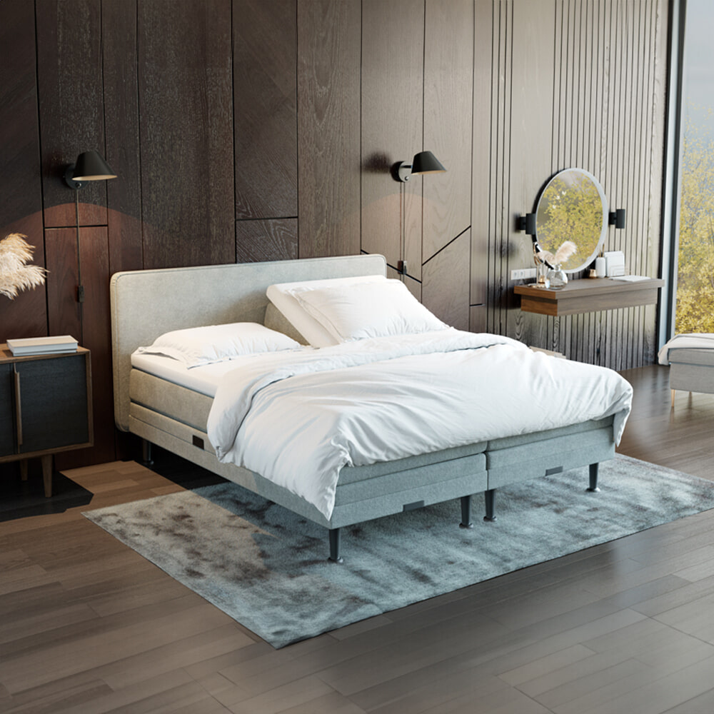 Elektrisch verstelbare Boxspring 'Oslo' kleur ash grey, 160 x 200 cm, matrassen 1 x medium, 1 x hard