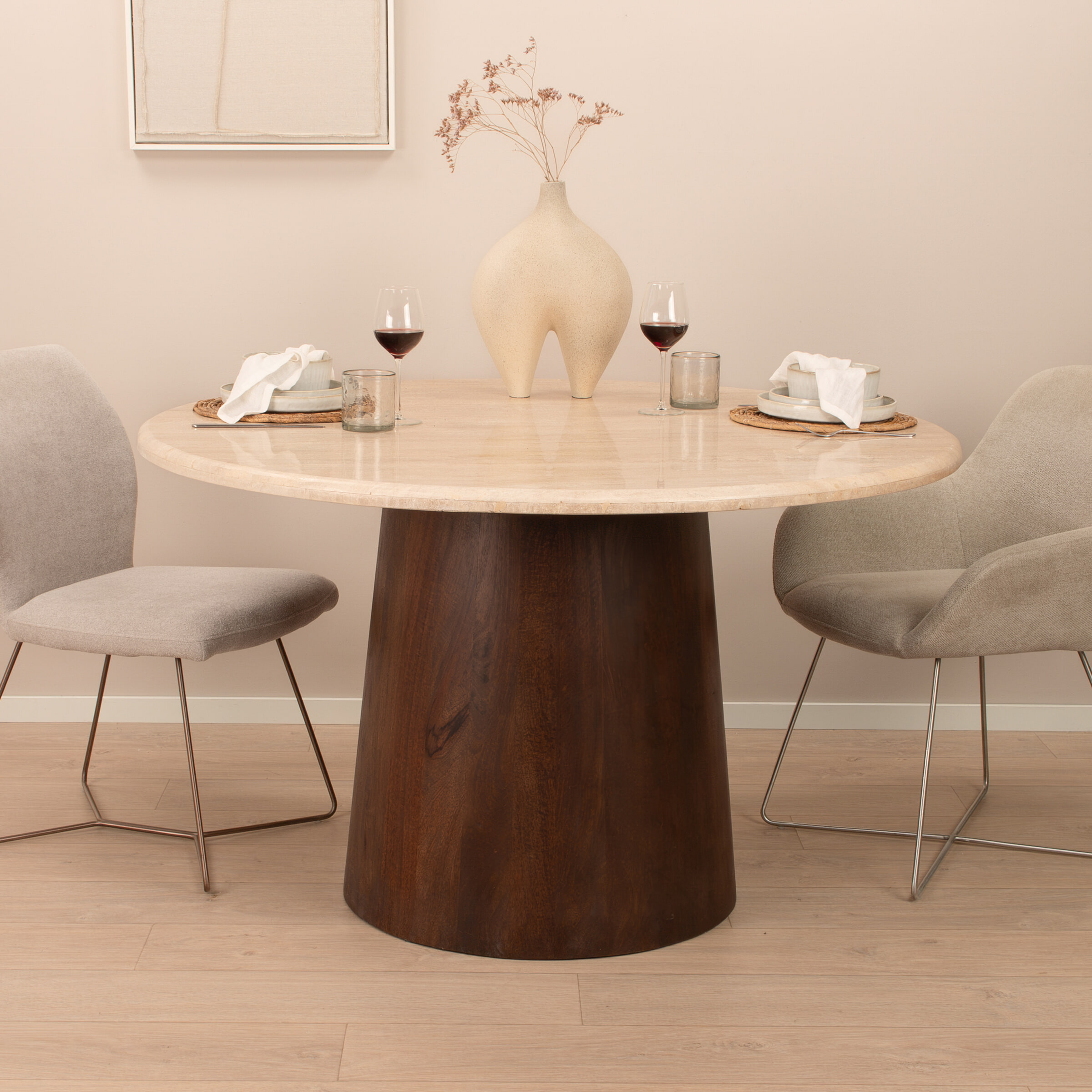 Livingfurn Ronde Eettafel Valentino Mangohout en travertin, 130cm