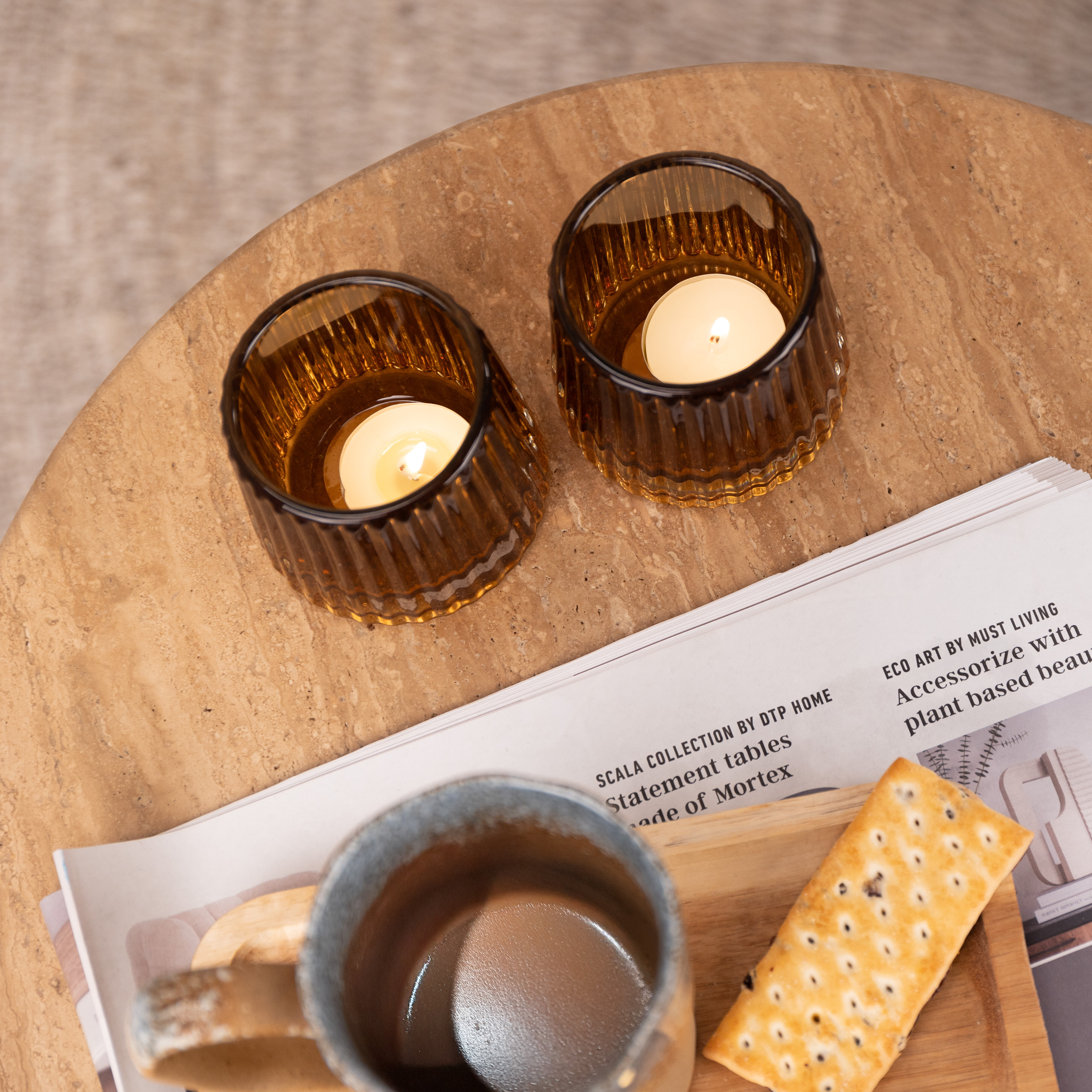 Sohome Ronde Bijzettafel 'Bailey' Mangohout en Travertin, 44cm