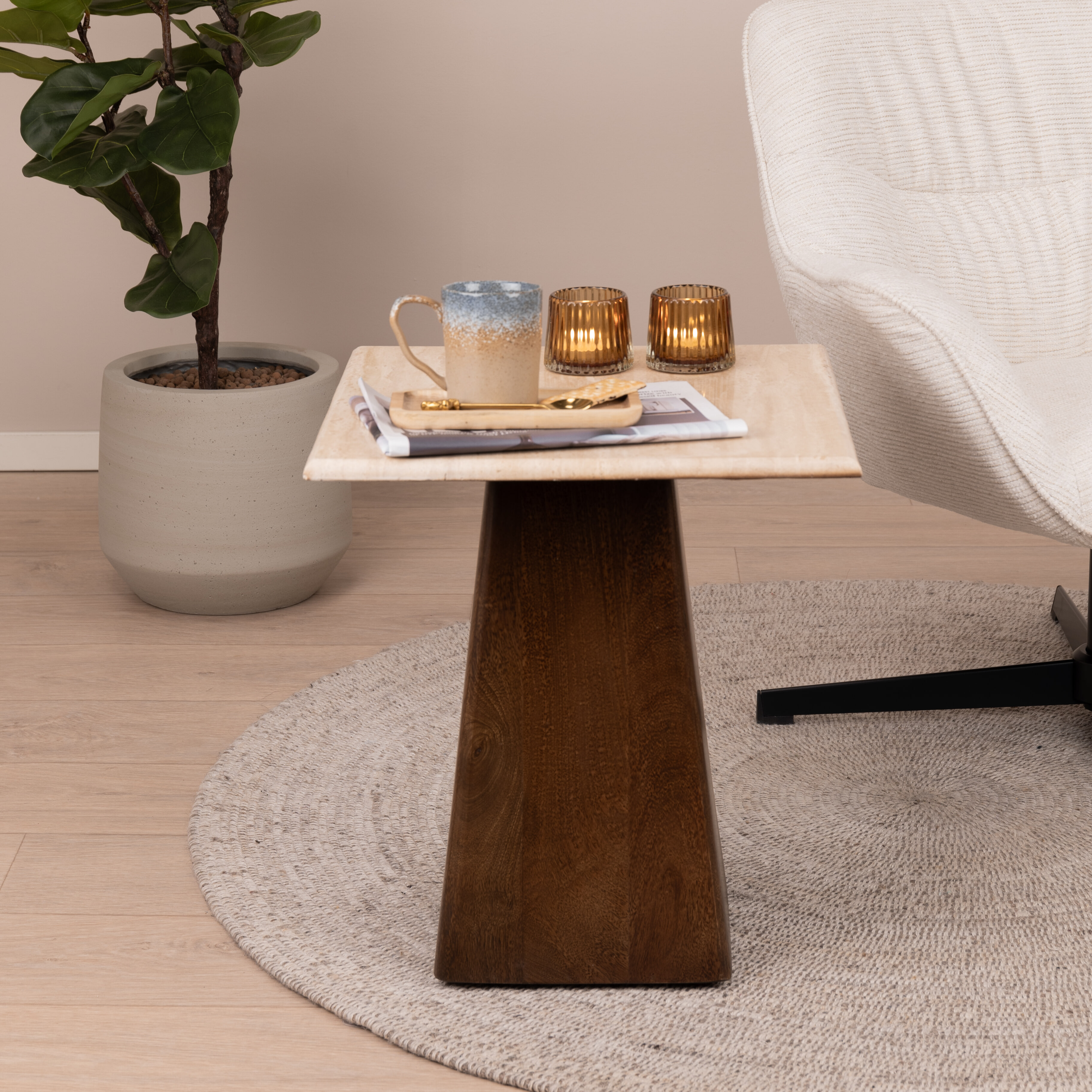 Livingfurn Bijzettafel Valentino Mangohout en Travertin, 45 x 45cm - Bruin - Vierkant